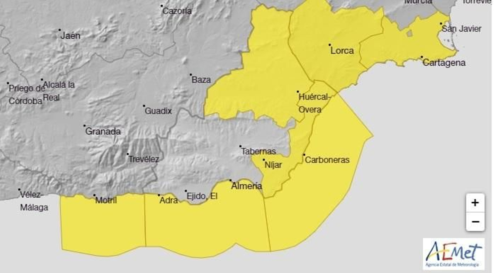 Aemet amplía el aviso amarillo por lluvias en el norte de Almería hasta el miércoles por la tarde