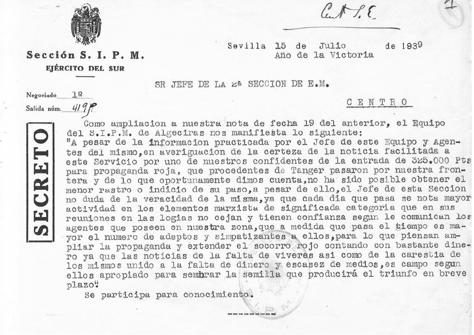 Informe del SIMP de Algeciras. Espionaje franquista contra la república