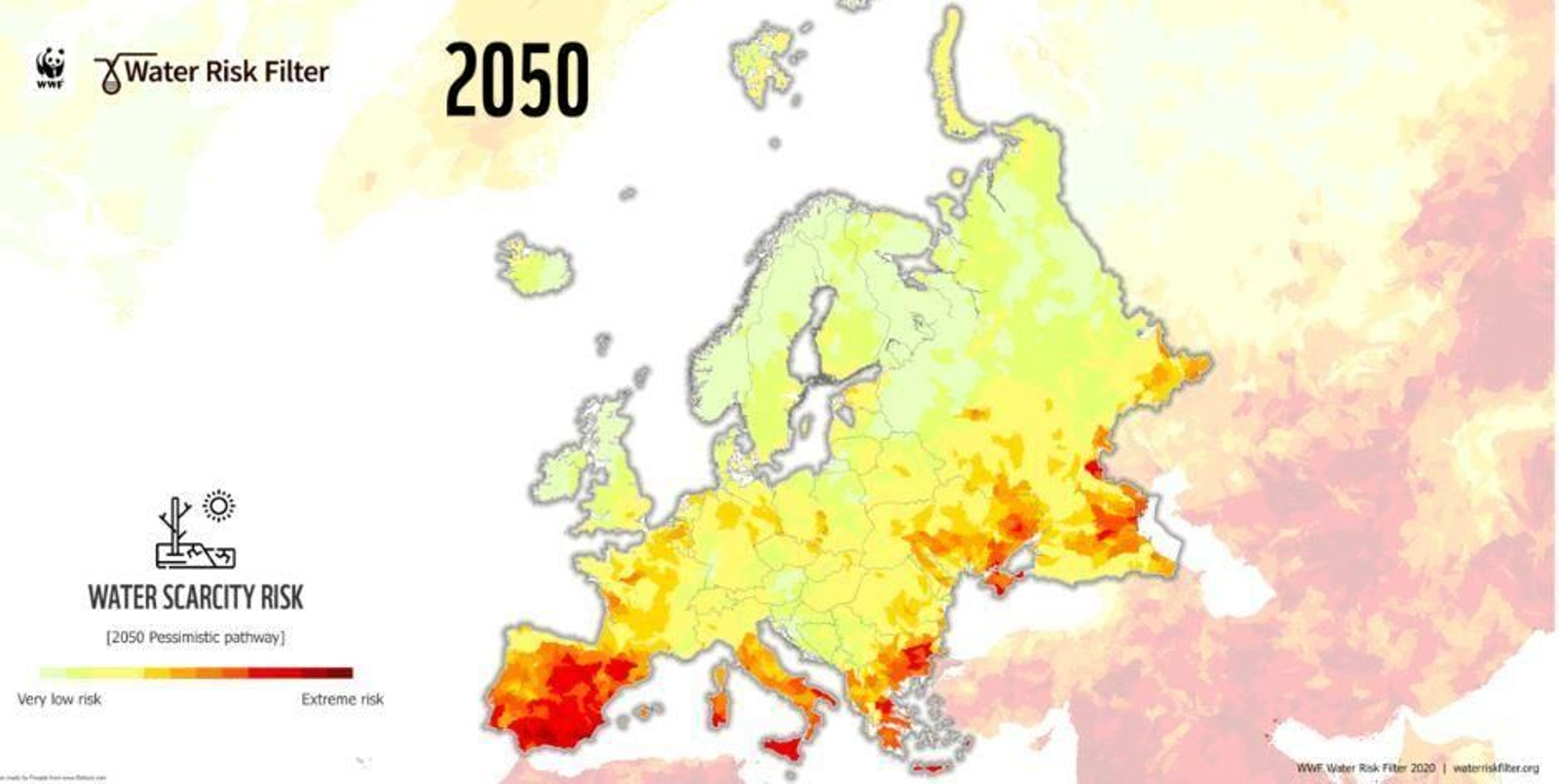 Mapa de riesgos hídricos en Europa en 2050.
