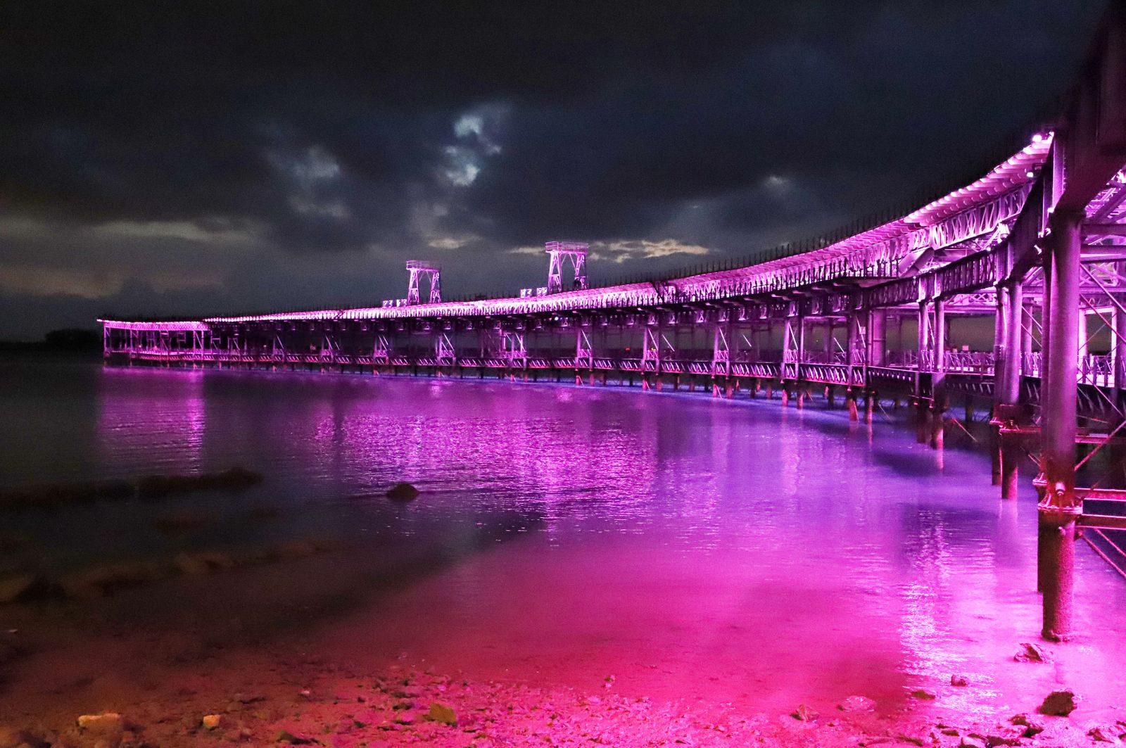 El Muelle del Tinto de la capital iluminado de morado.