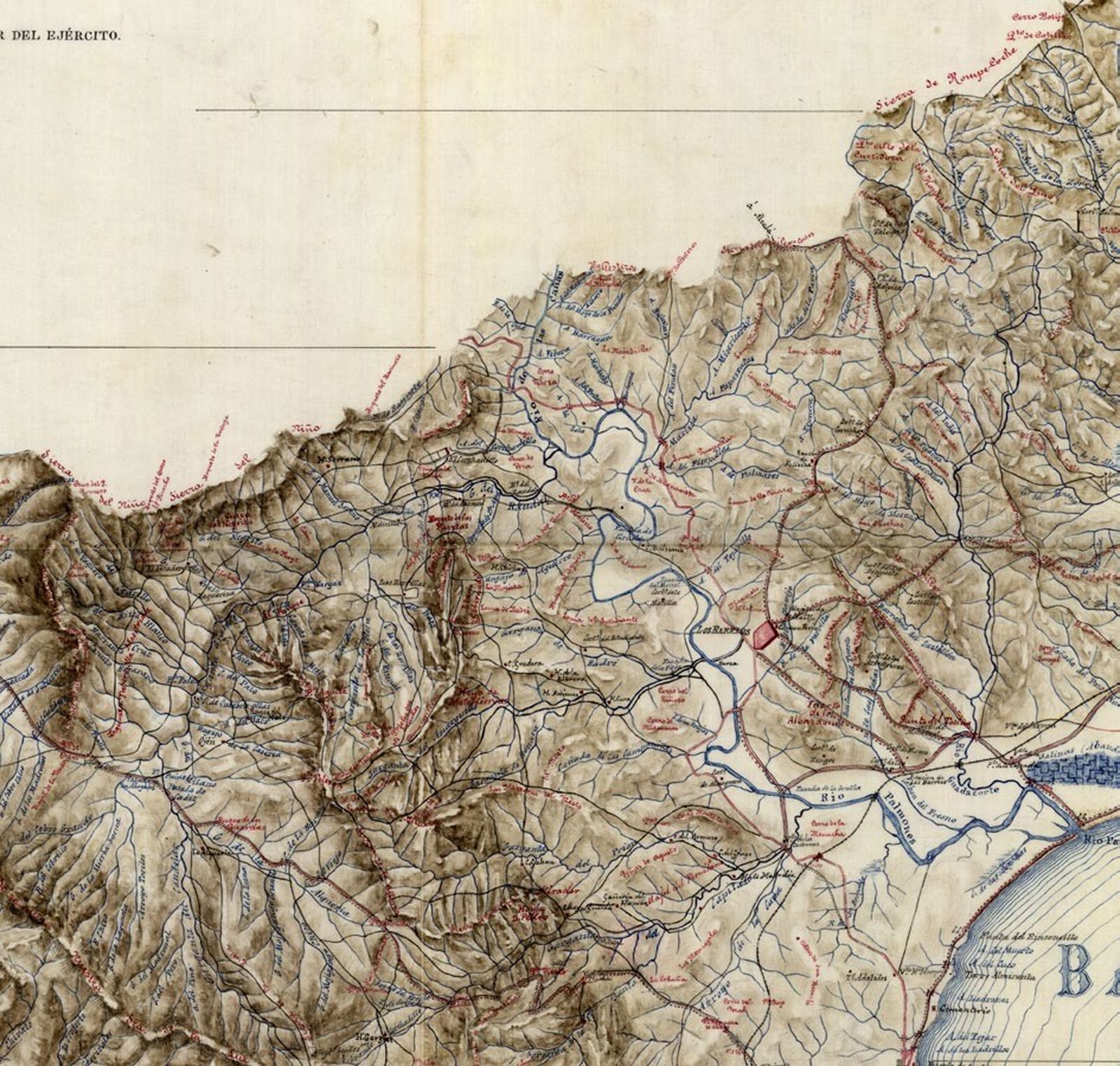 Parte de la cuenca del río Palmones un detalle de Reducción del plano de Algeciras y sus alrededores. Mario González. Comisión del Plano de Algeciras y sus alrededores. 1894.