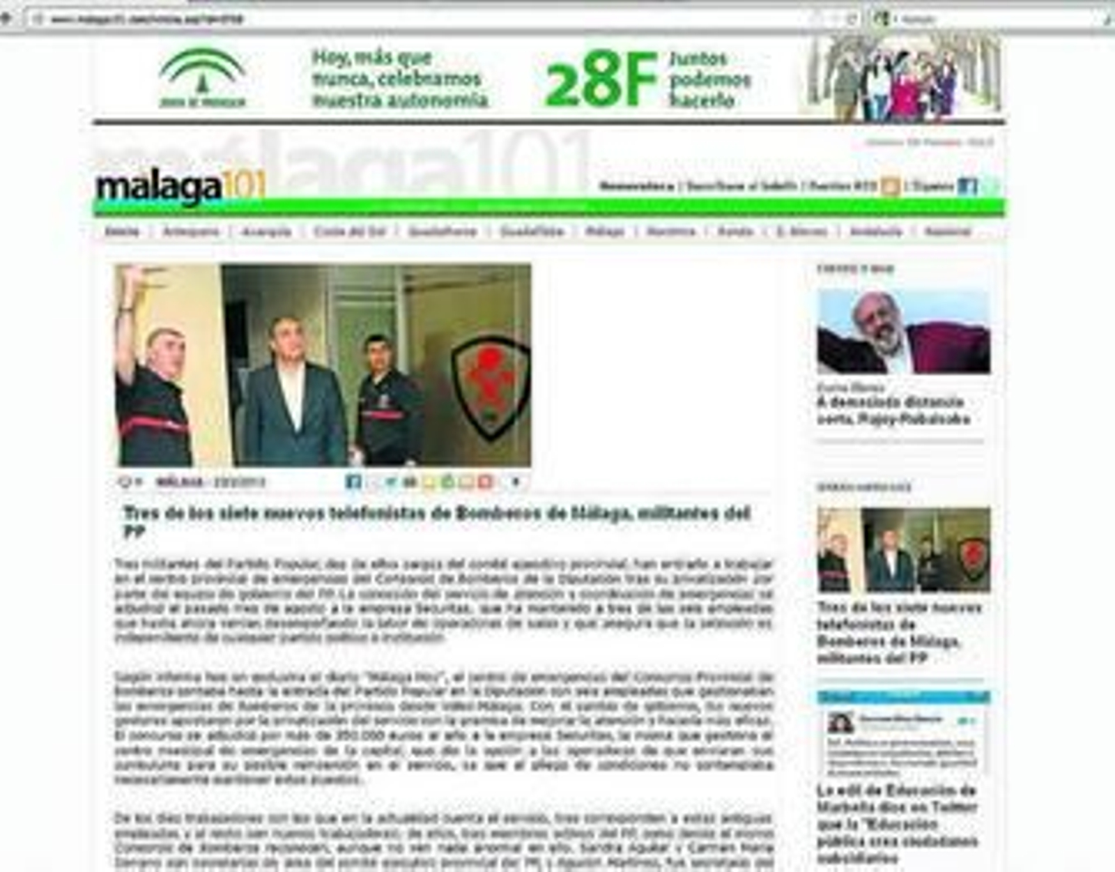 Imagen de la web 'Málaga 101', el martes, con la publicidad de la Junta y una información de este periódico.