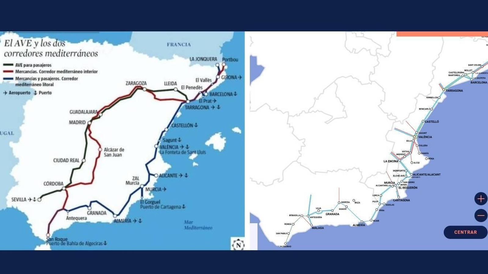 A la izquierda, mapa de los dos ramales del Corredor Mediterráneo; a la derecha, el de la plataforma Quiero Corredor.