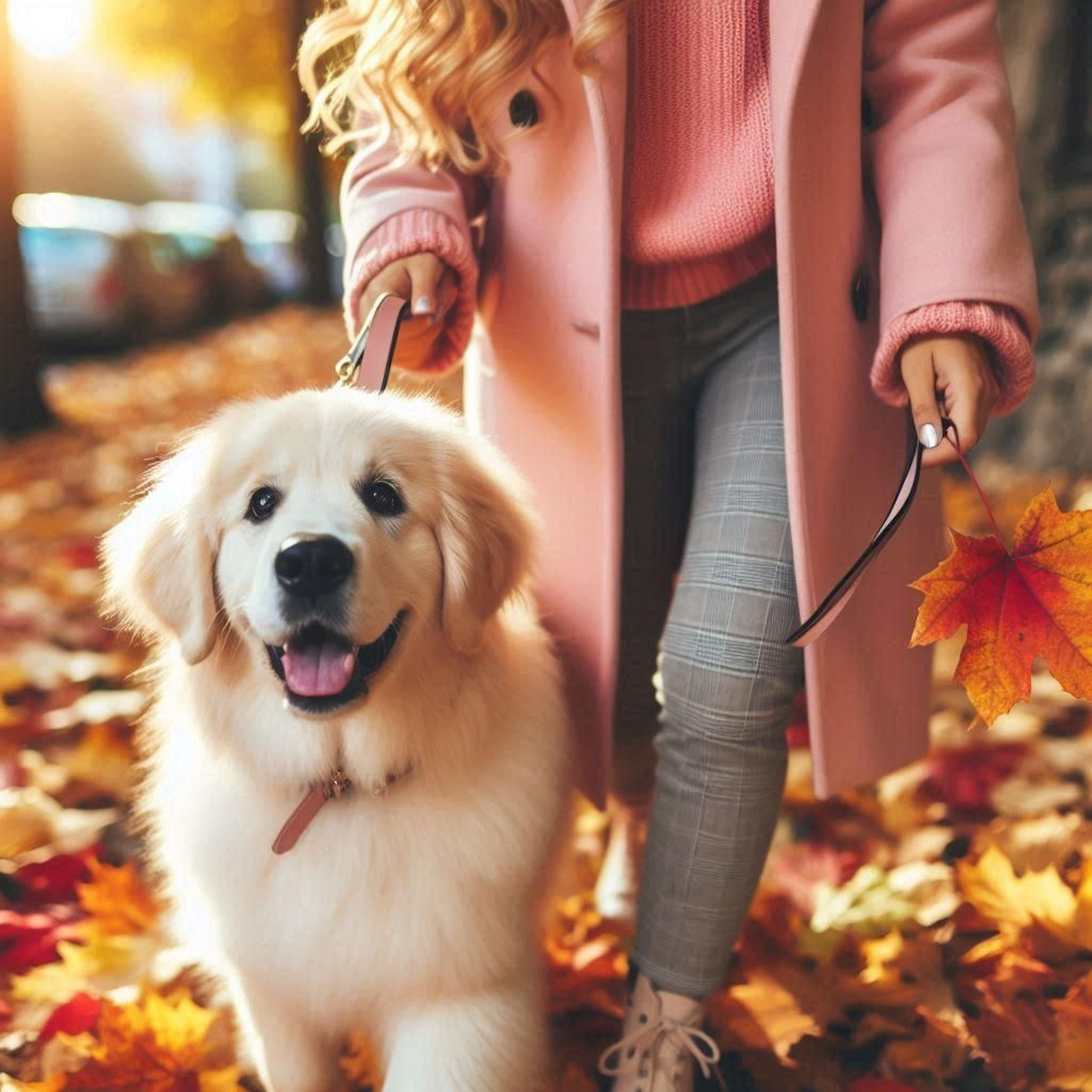 Un perro pasea con su dueña, en una imagen generada por IA.