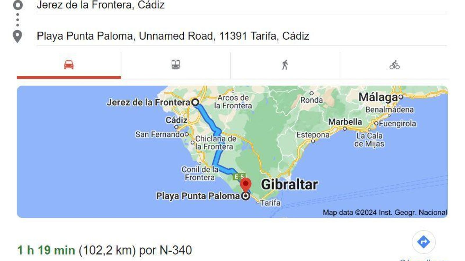 Distancia Jerez-playa de Punta Paloma.