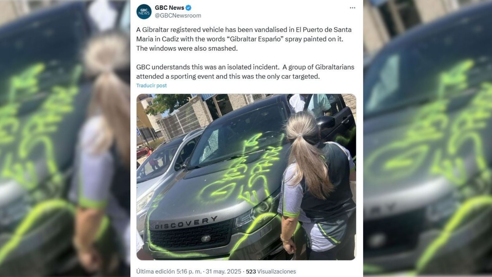 Captura de imagen del coche de Gibraltar vandalizado.