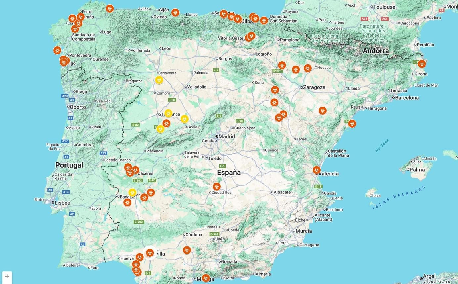 El mapa registra una especial incidencia en grullas comunes y gaviotas patiamarillas.