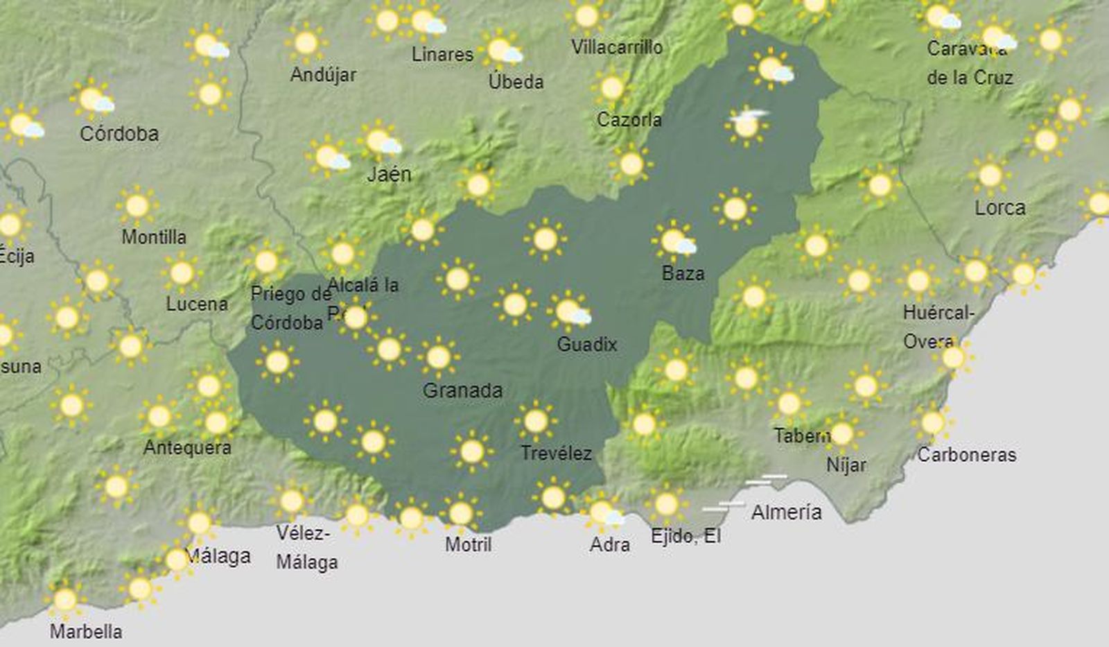 Mapa de previsión meteorológico de Aemet para este jueves en la provincia de Granada