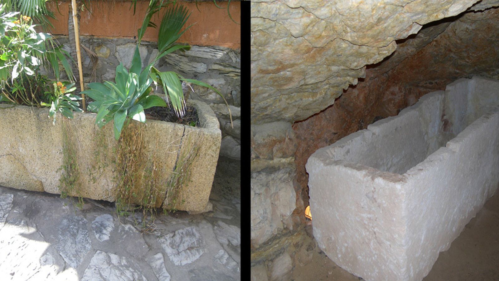 Sarcófagos fenicio púnicos. A la izquierda, en el Hotel Dos Mares, en Tarifa. El de la derecha, en la necrópolis Puig de Molins, Ibiza.