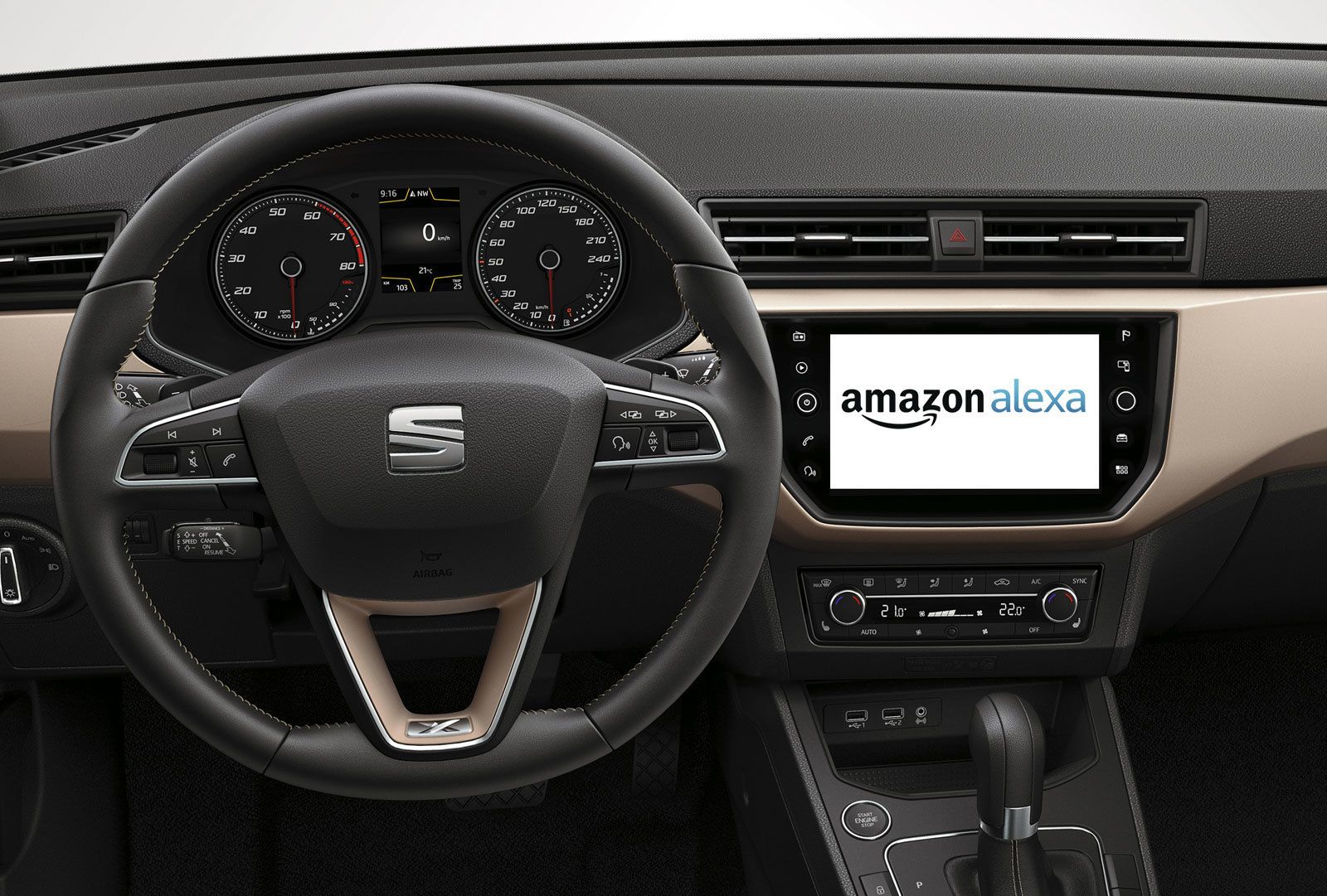 Recreación del interior del nuevo Ibiza con el logo de Amazon Alexa en la pantalla.