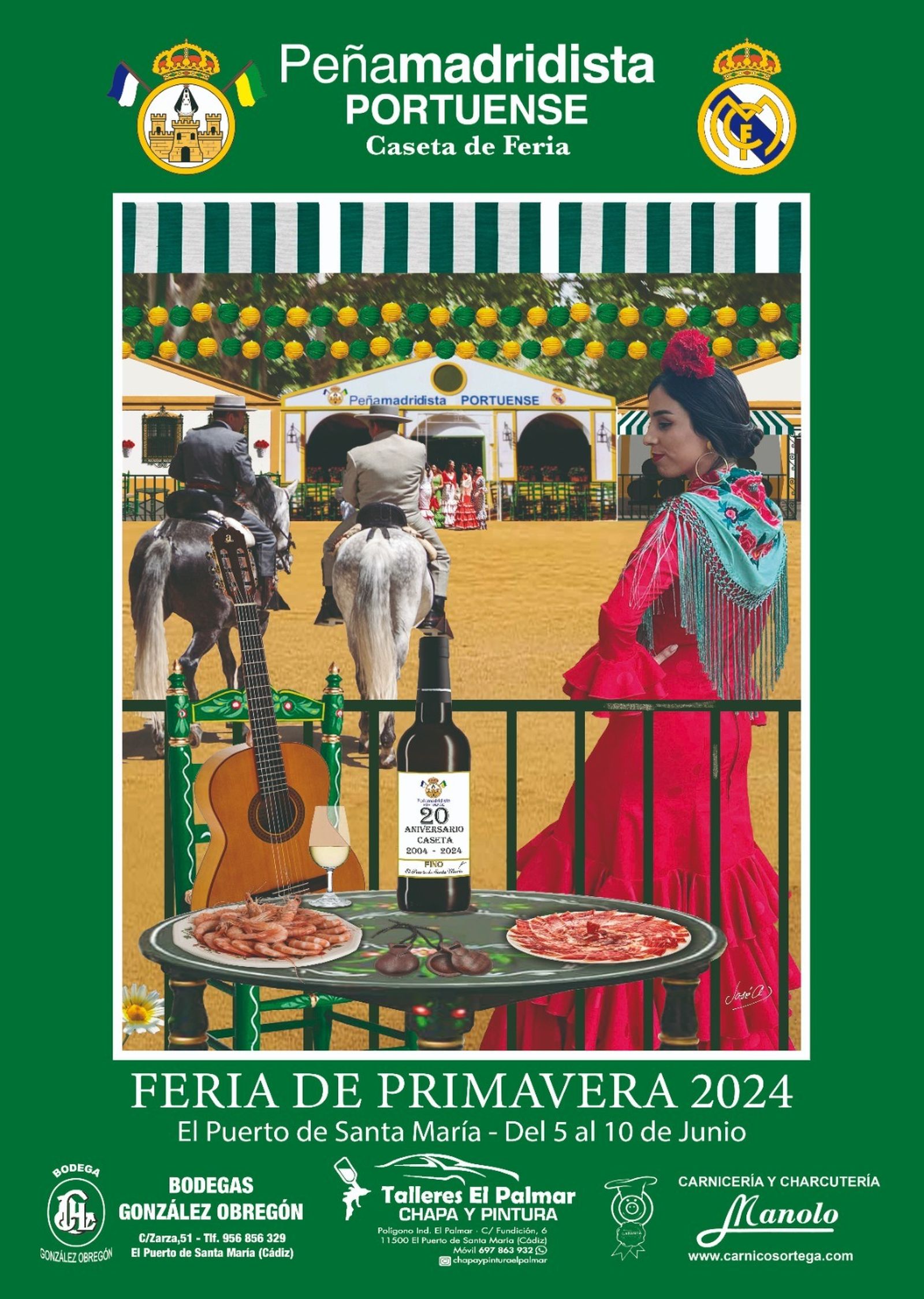 El cartel conmemorativo del 20 aniversario de la caseta de la Peña Madridista Portuense.