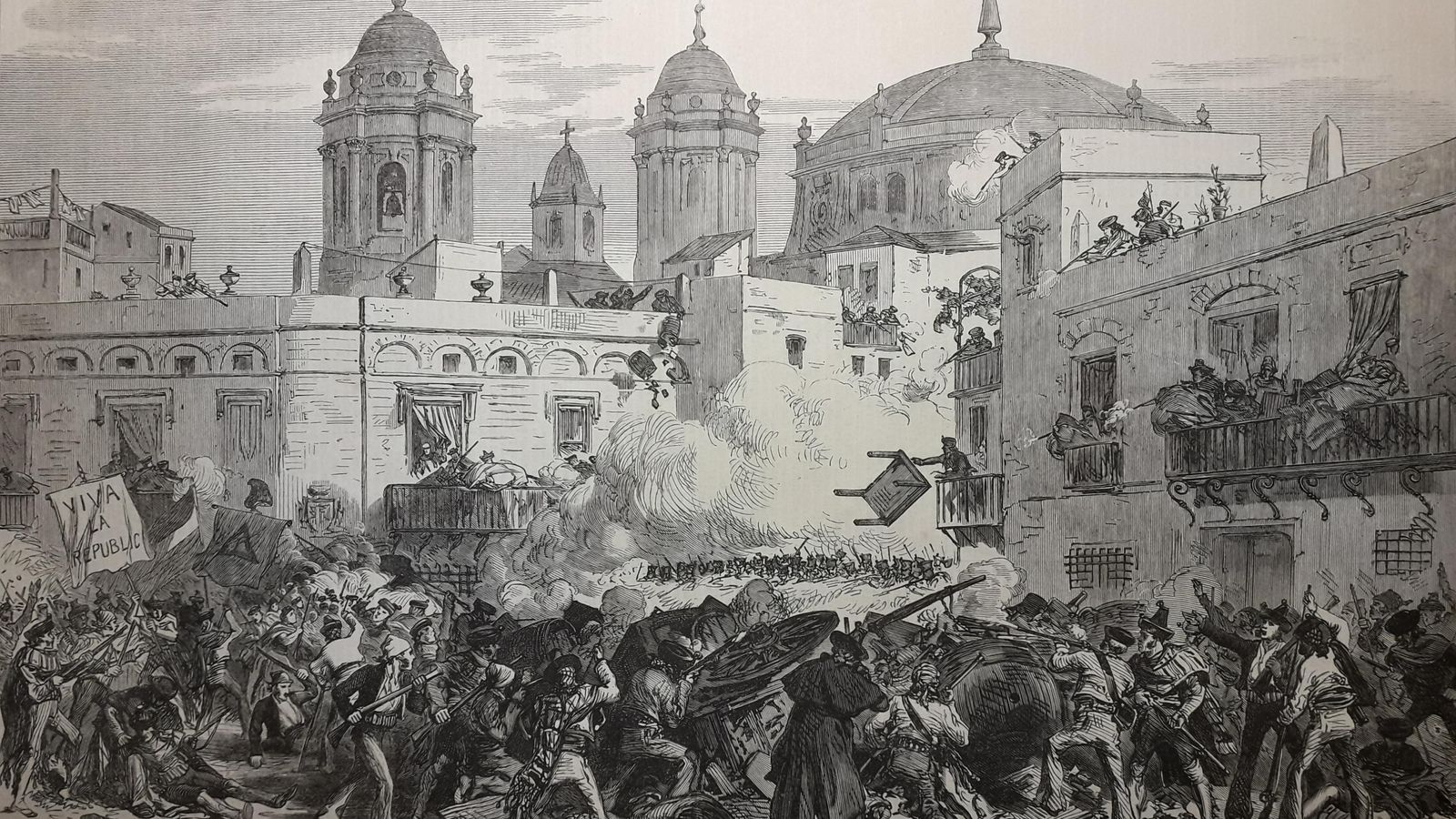 Grabado del 'The Ilustrated London News' donde apreciamos una de las batallas ocurridas en torno al Cuartel de la Viña durante el domingo 6.