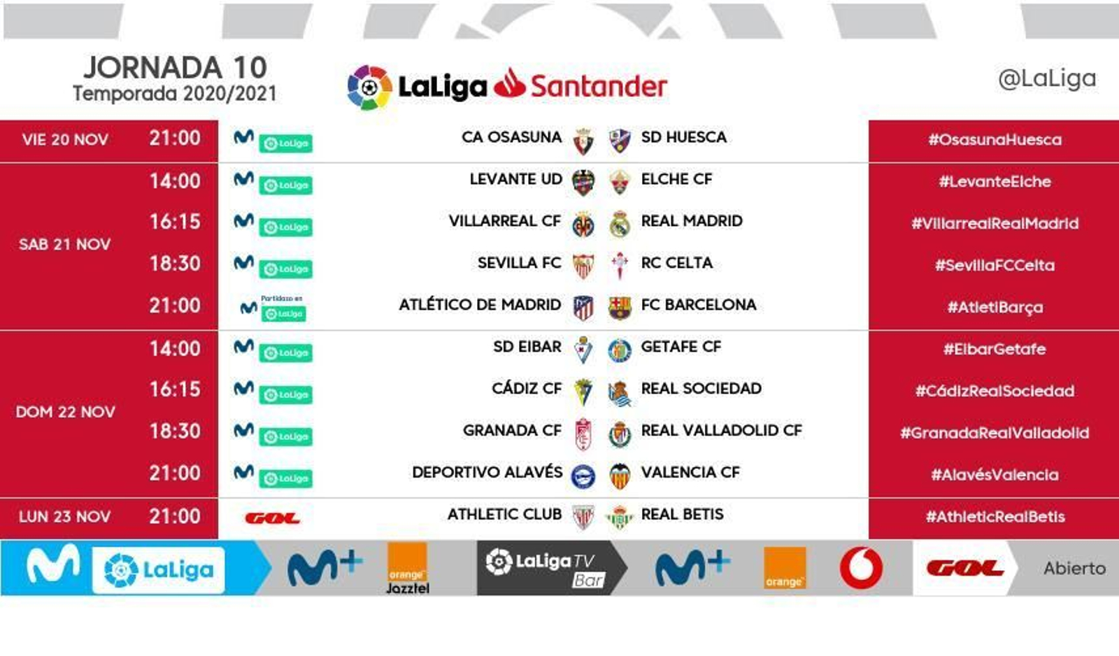 Carátula con los horarios de la décima jornada de LaLiga.