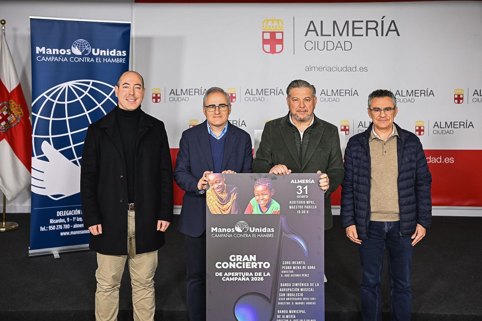 Manuel Horcas, José Solá Palmer, Diego Cruz y José Juan Moreno Martínez presentando el concierto solidario.