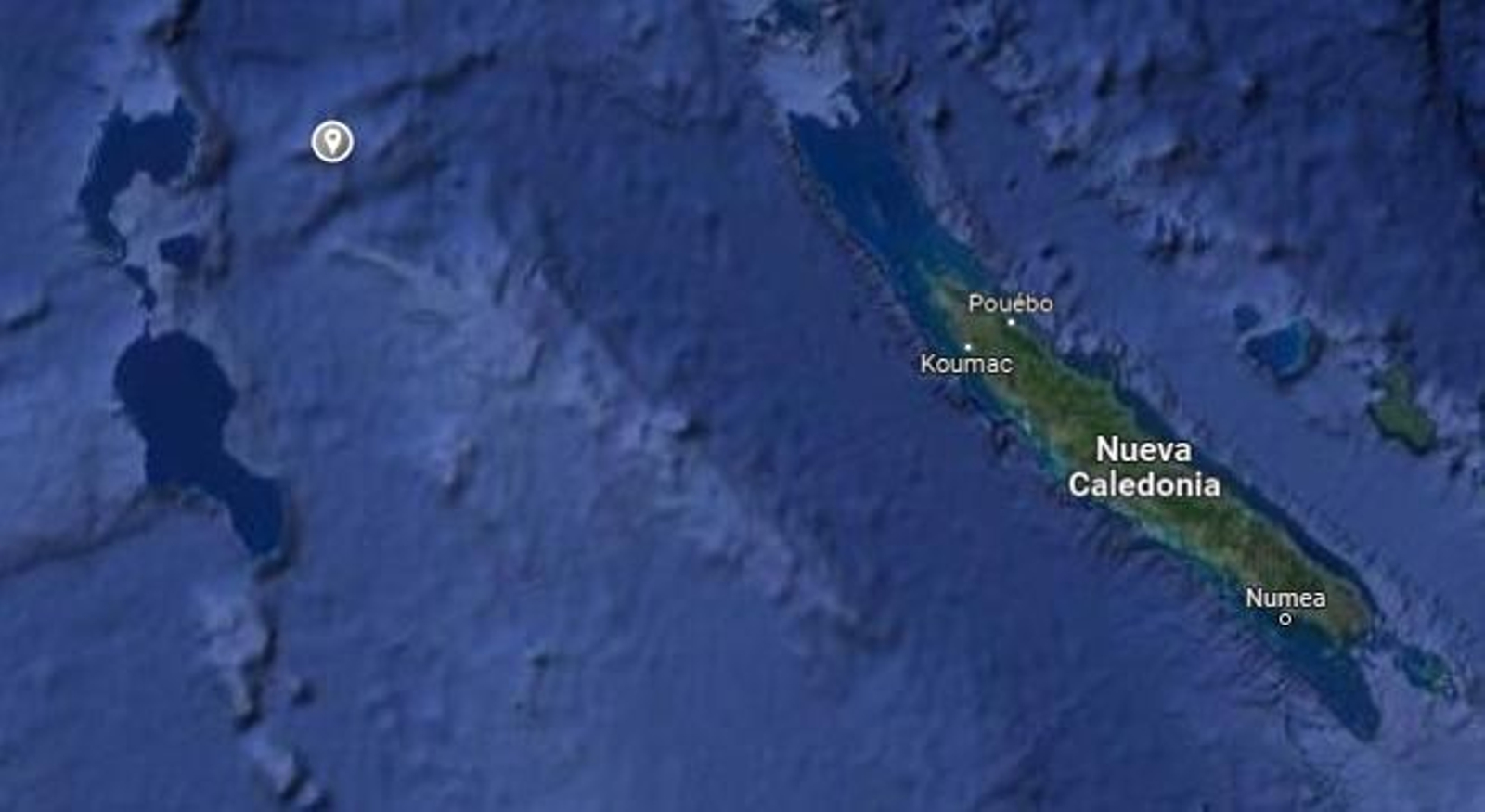 Ubicación de la supuesta Isla de la Arena en Google Maps cerca de Nueva Caledonia