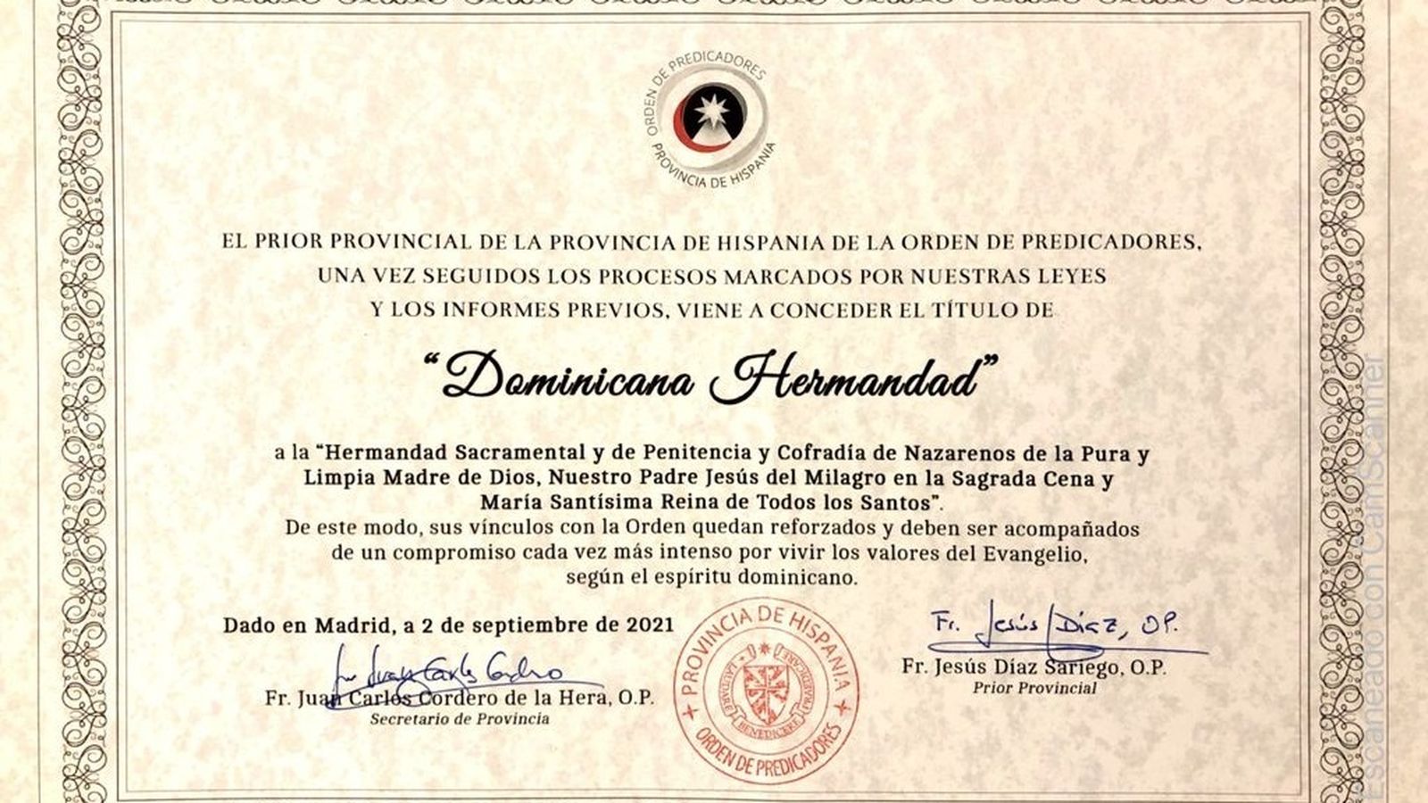 Certificado que acredita la concesión del título de 'Dominicana' a la hermandad de La Cena.