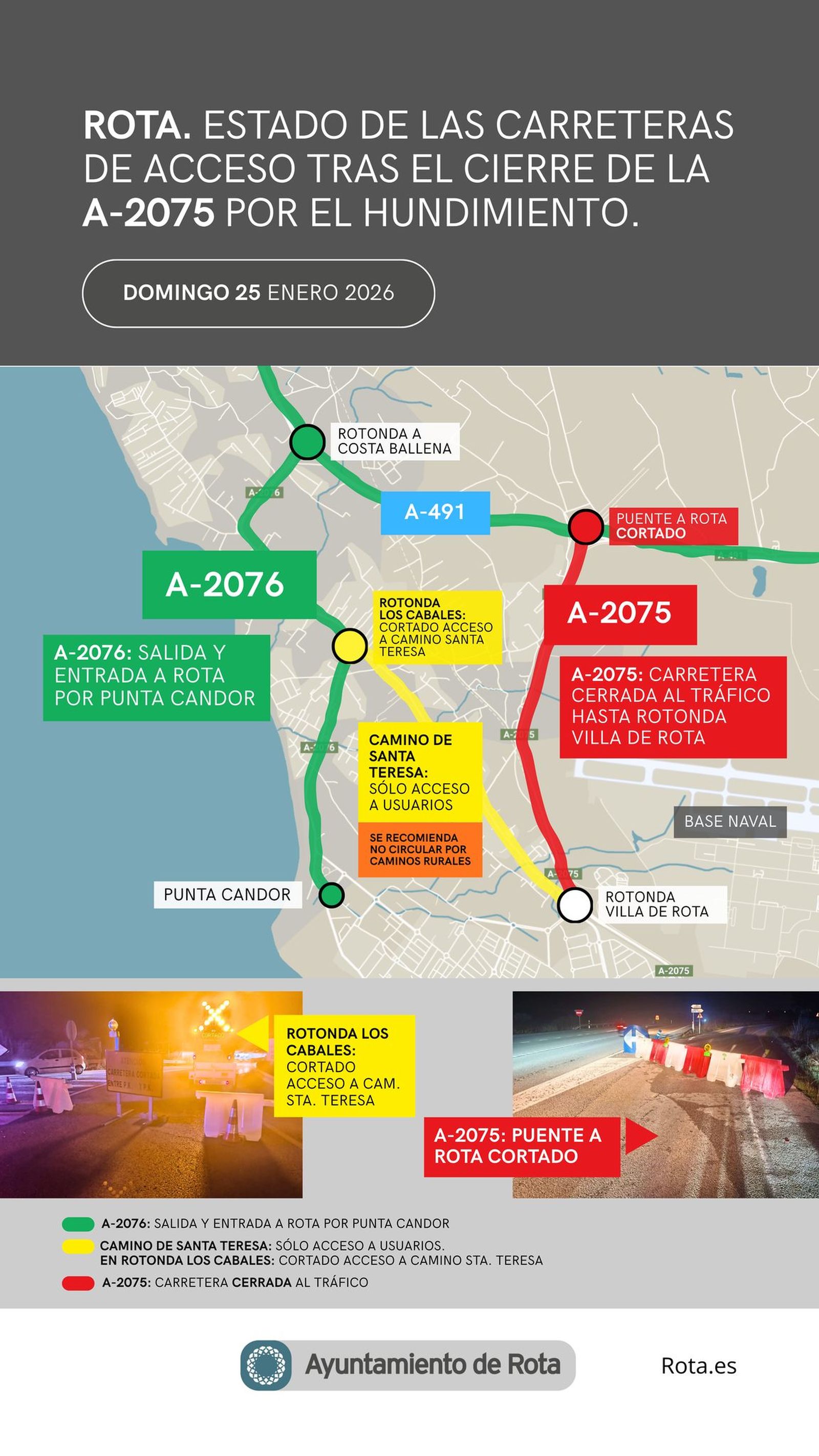Mapa de accesos actuales a Rota tras el cierre de la A-2075.