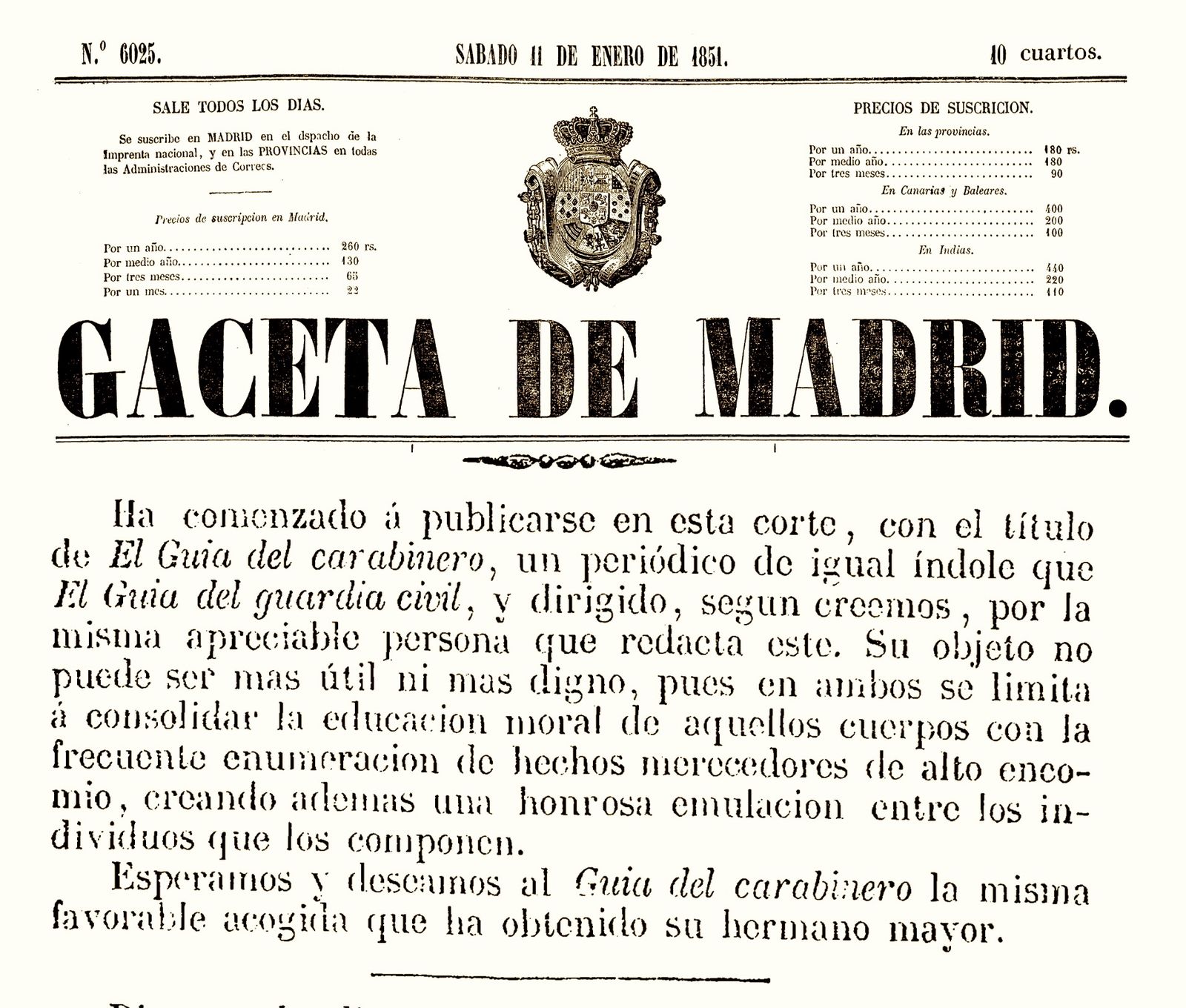 Noticia del inicio de la "Guía del Carabinero" a imagen del "Guía del Guardia Civil". (Gaceta de Madrid, 11/01/1851).