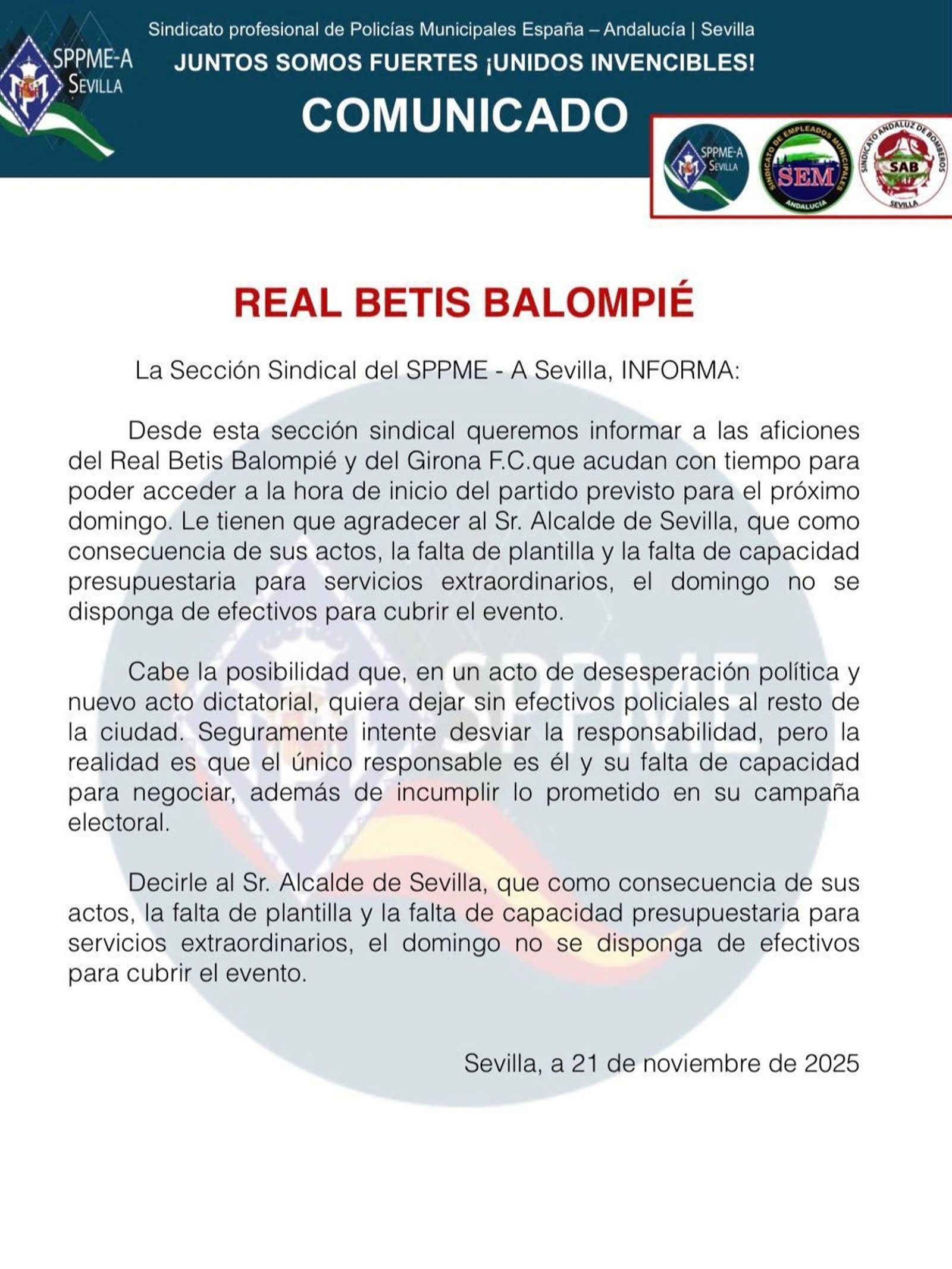 El comunicado del sindicato de policias municipales de España y Andalucía