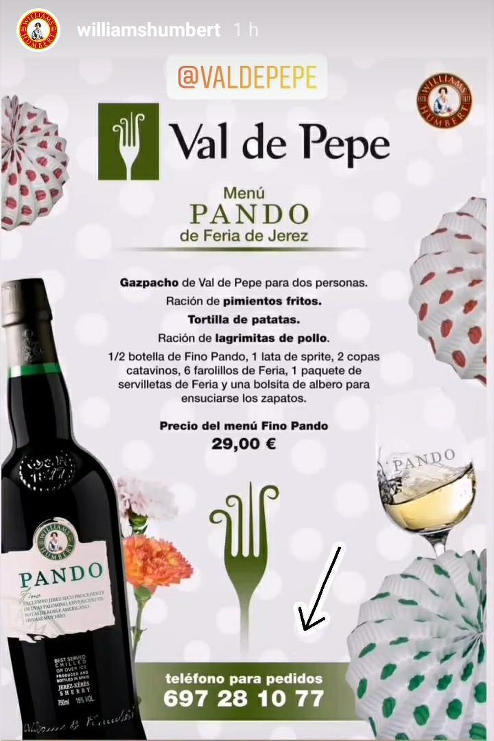 Cartel con la propuesta de menú de 'Val de Pepe' en colaboración con Williams & Humbert.
