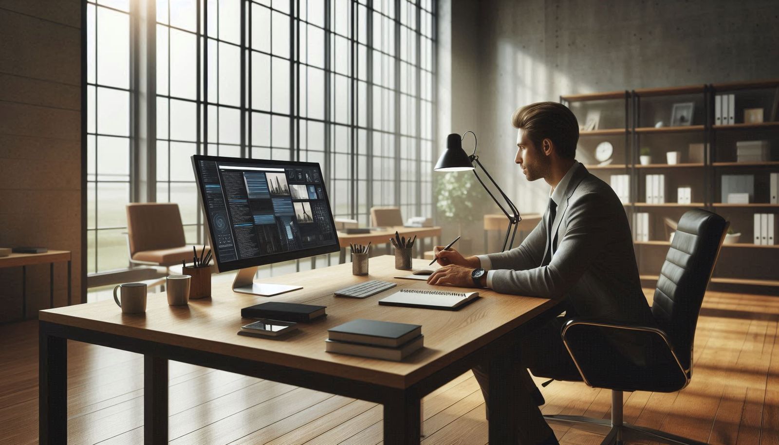 Un trabajador consulta páginas web en un ordenador, en una imagen generada por IA.
