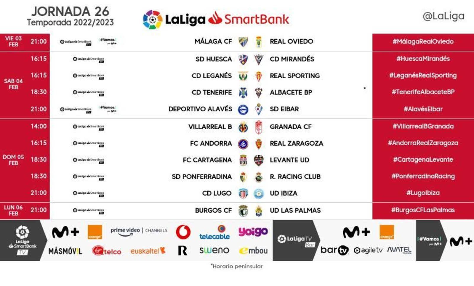 Horarios de la jornada 26 de LaLiga Smartbank.