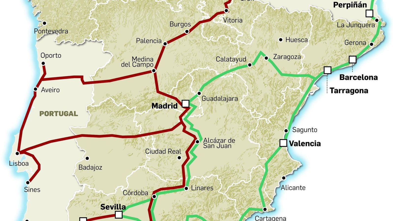 Mapa con los corredores Atlántico y Mediterráneo.