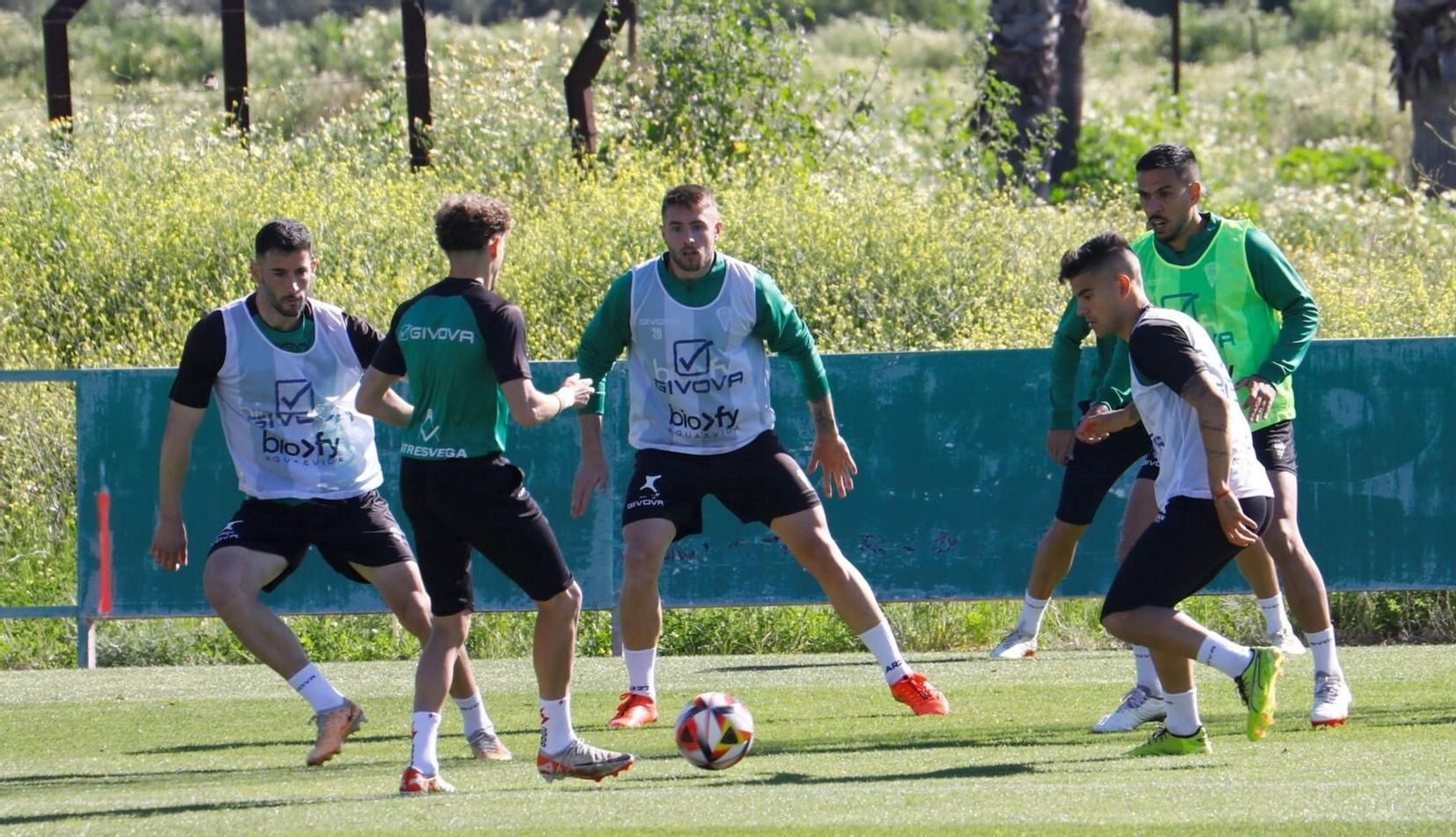 Jugadores del Córdoba CF hacen un rondo en un entrenamiento en la Ciudad Deportiva.