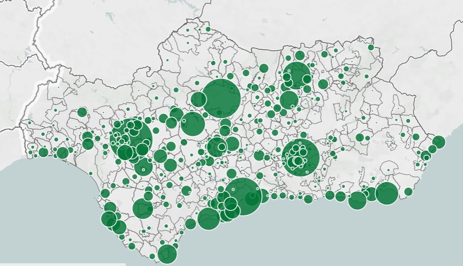 Mapa de los positivos por PCR en Adalucía en los últimos 7 días.
