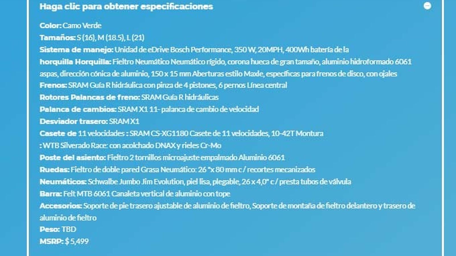 Cuadro de especificaciones del modelo