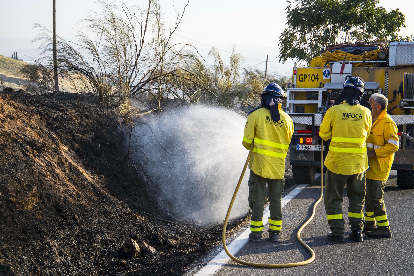 Efectivos del Infoca durante las labores de extinción del incendio de El Fargue.