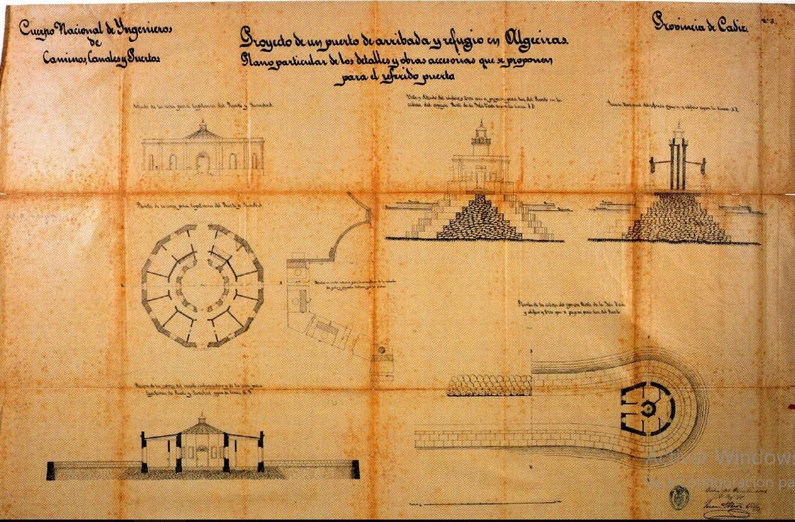 Dibujo del proyecto de Juan Martínez Villa con el Edificio de Capitanía, de Sanidad y el Faro que proponía construir.