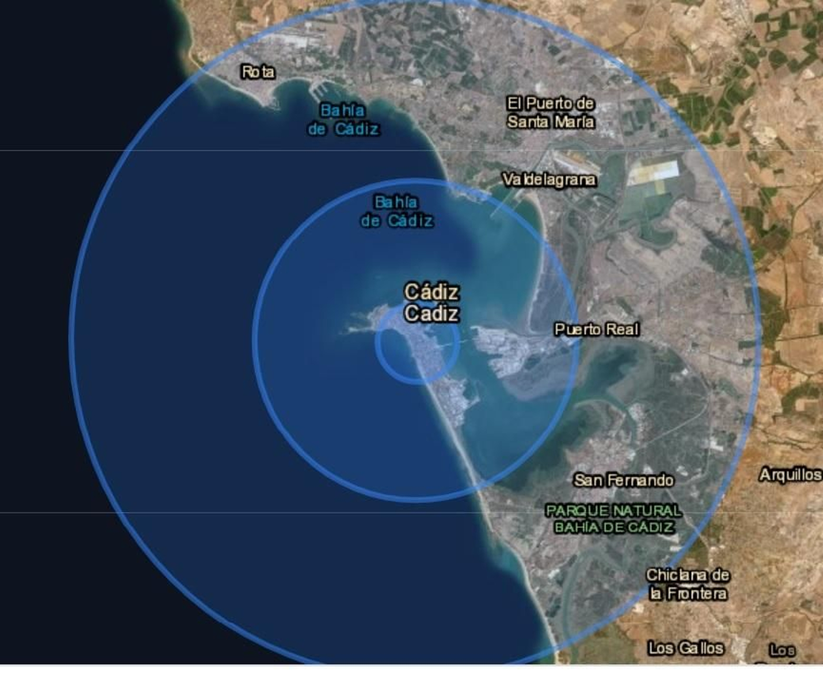 Proyección a escala de la onda expansiva de la explosión de Beirut sobre Cádiz.