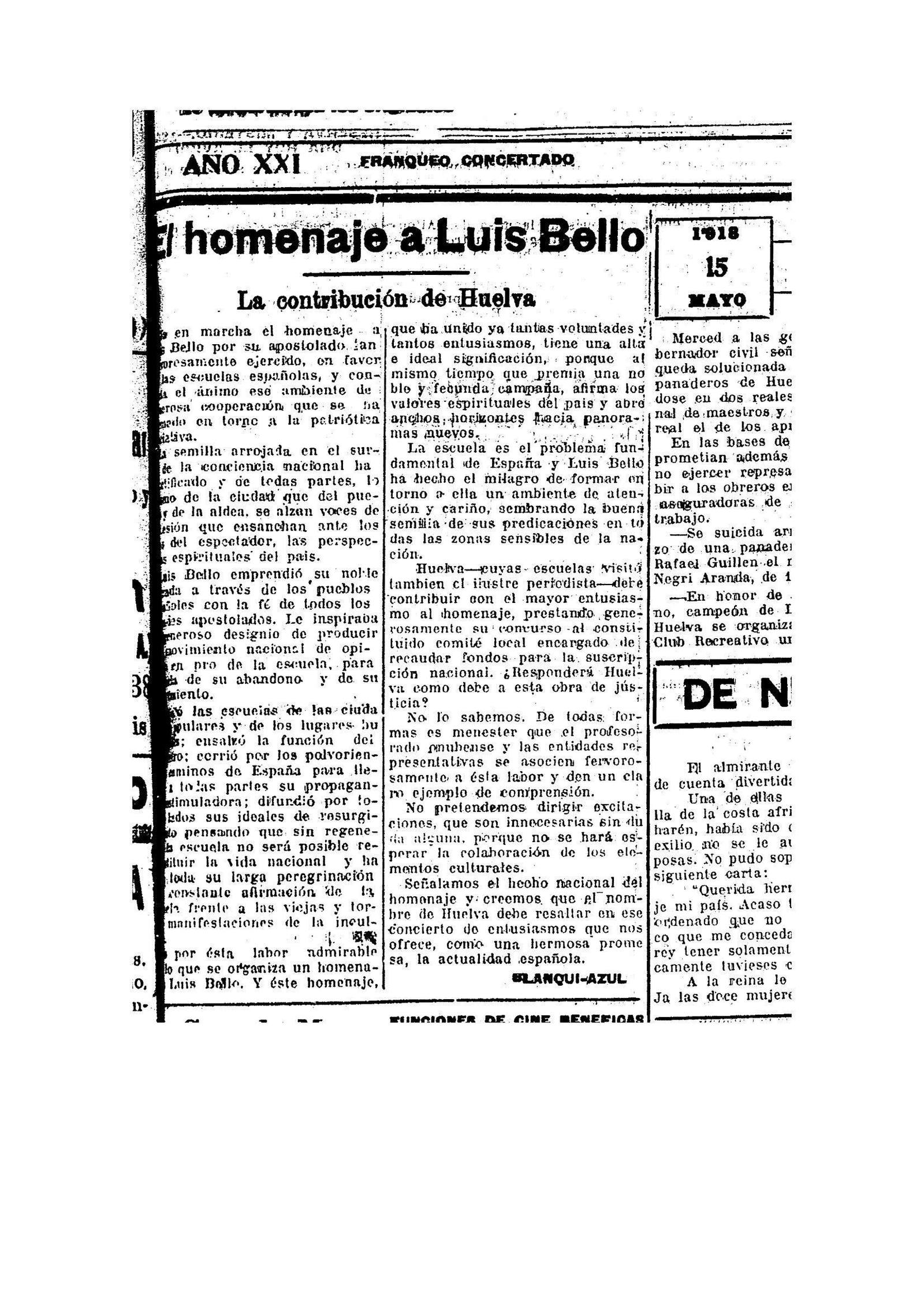 RECORTE EL HOMENAJE A LUIS BELLO. LA CONTRIBUCIÓN DE HUELVA