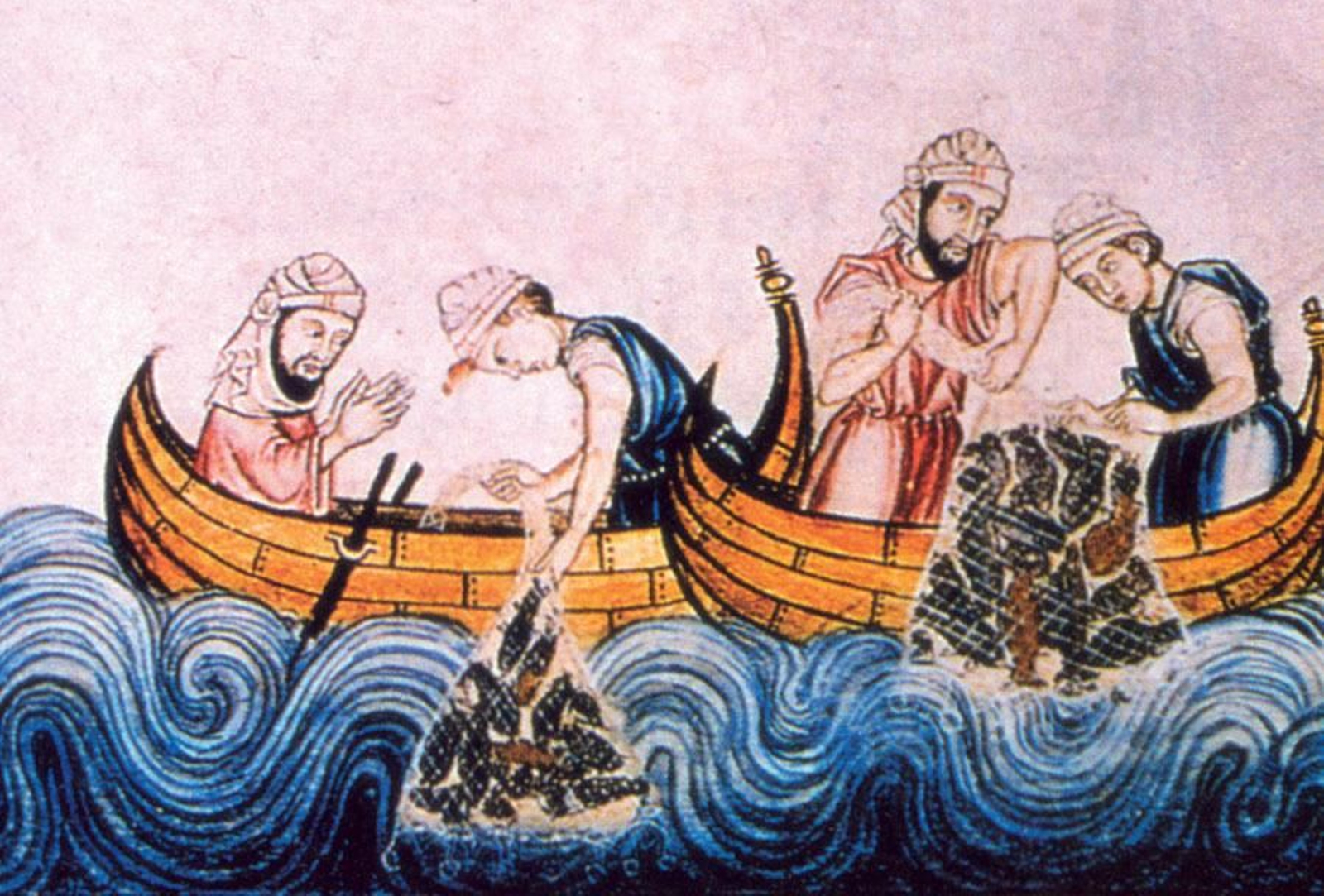 Pescadores musulmanes faenando con una red (Las Cantigas, Biblioteca de El Escorial).