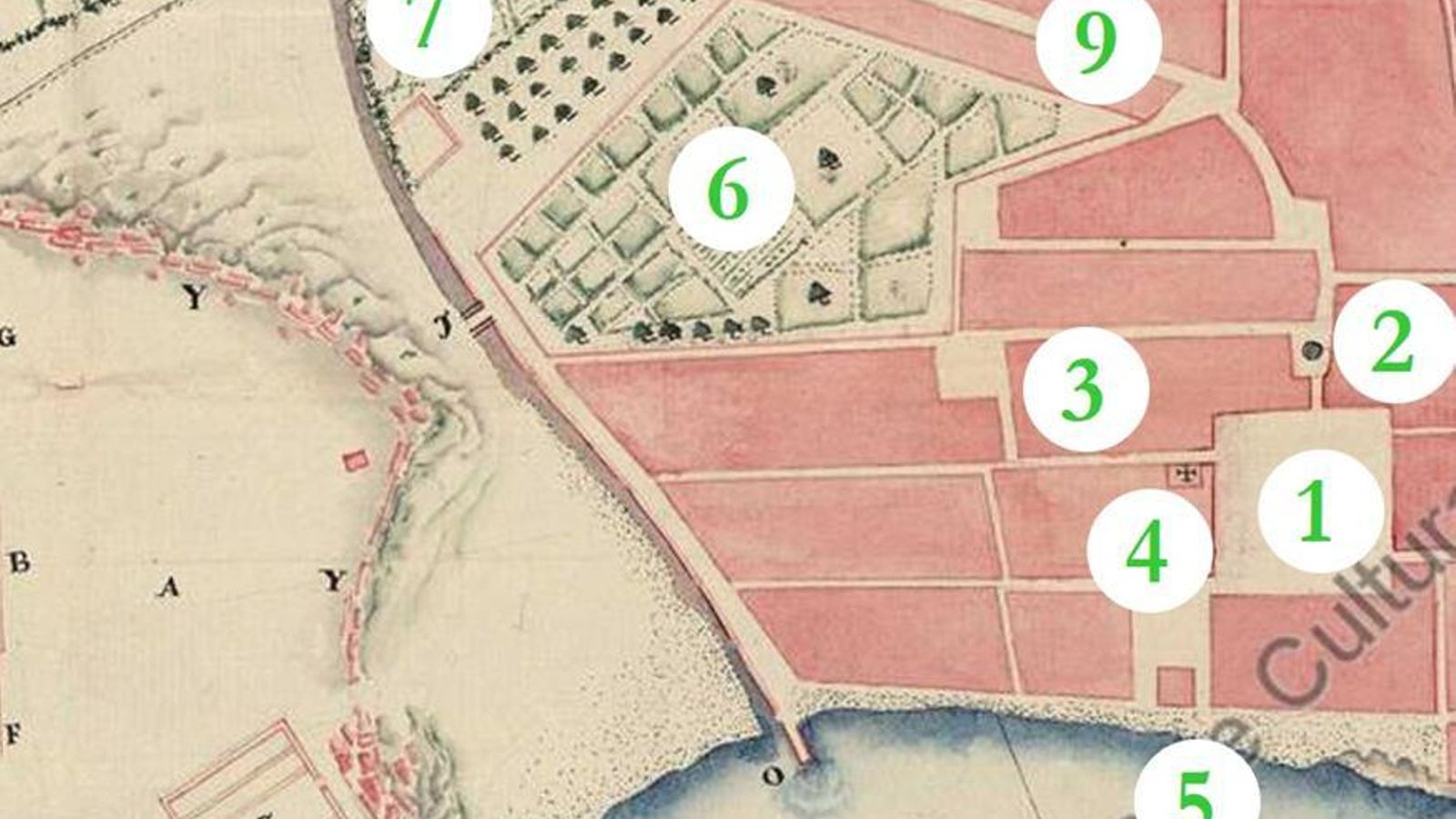 Plano de 1764: 1) Plaza Baja. 2) Pozo del Rey. 3) Manzana de los cuarteles. 4) Hospital militar con su capilla. 5) Capilla de los Marineros. 6) Huertas intramuros. 7) Alameda Vieja. 8) Hospital de la Caridad. 9) Calle Tarifa.