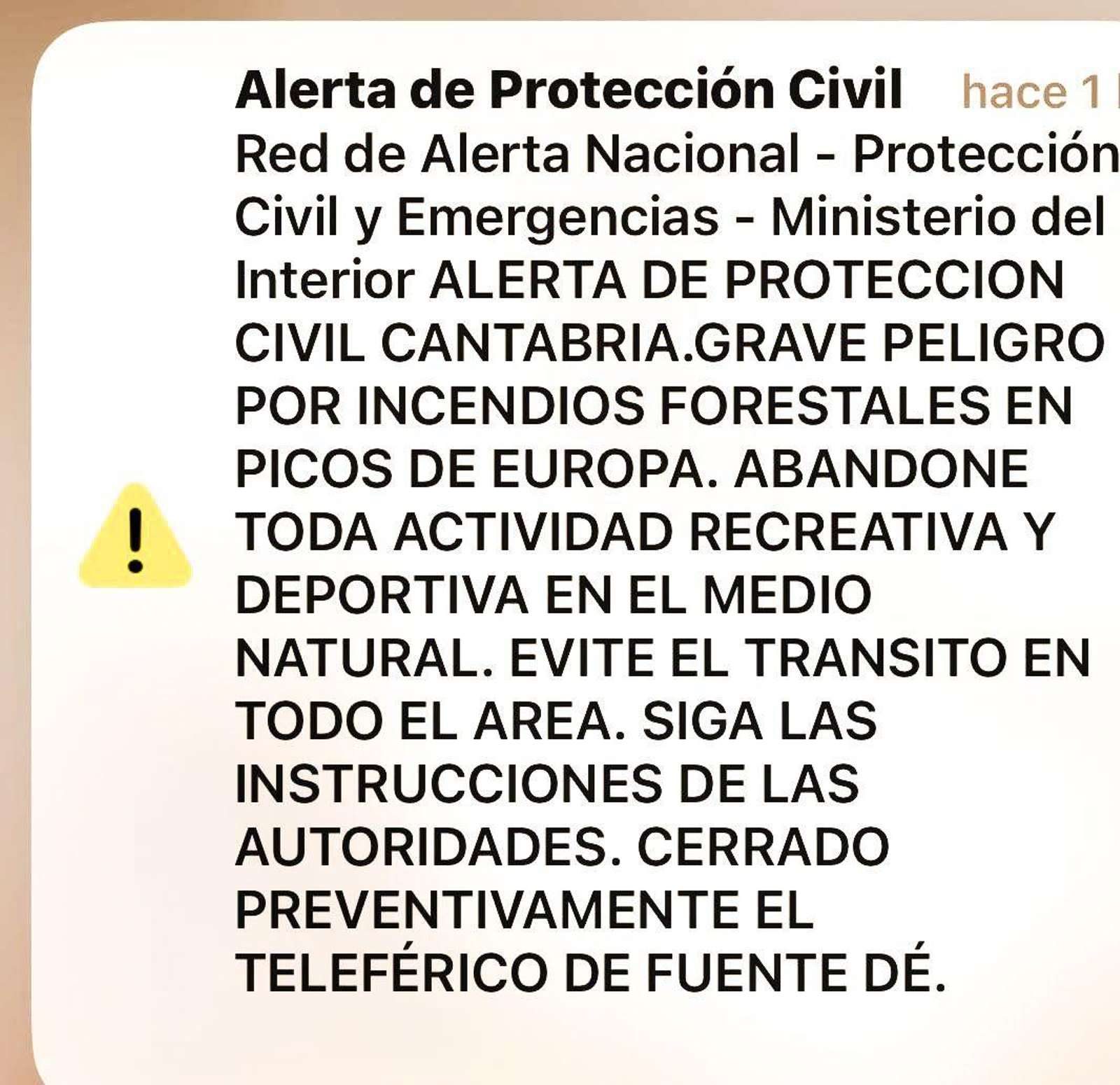 Mensaje de Es-Alert enviado a la zona de los Picos de Europa.