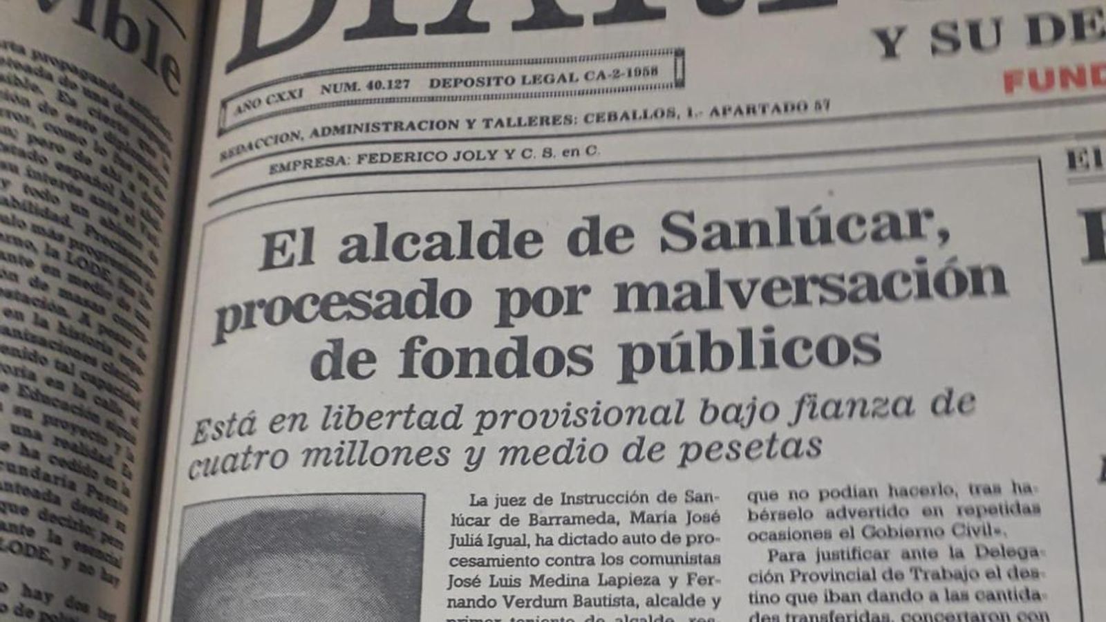 Diario de Cádiz informó en agosto de 1987 del procesamiento del alcalde de Sanlúcar