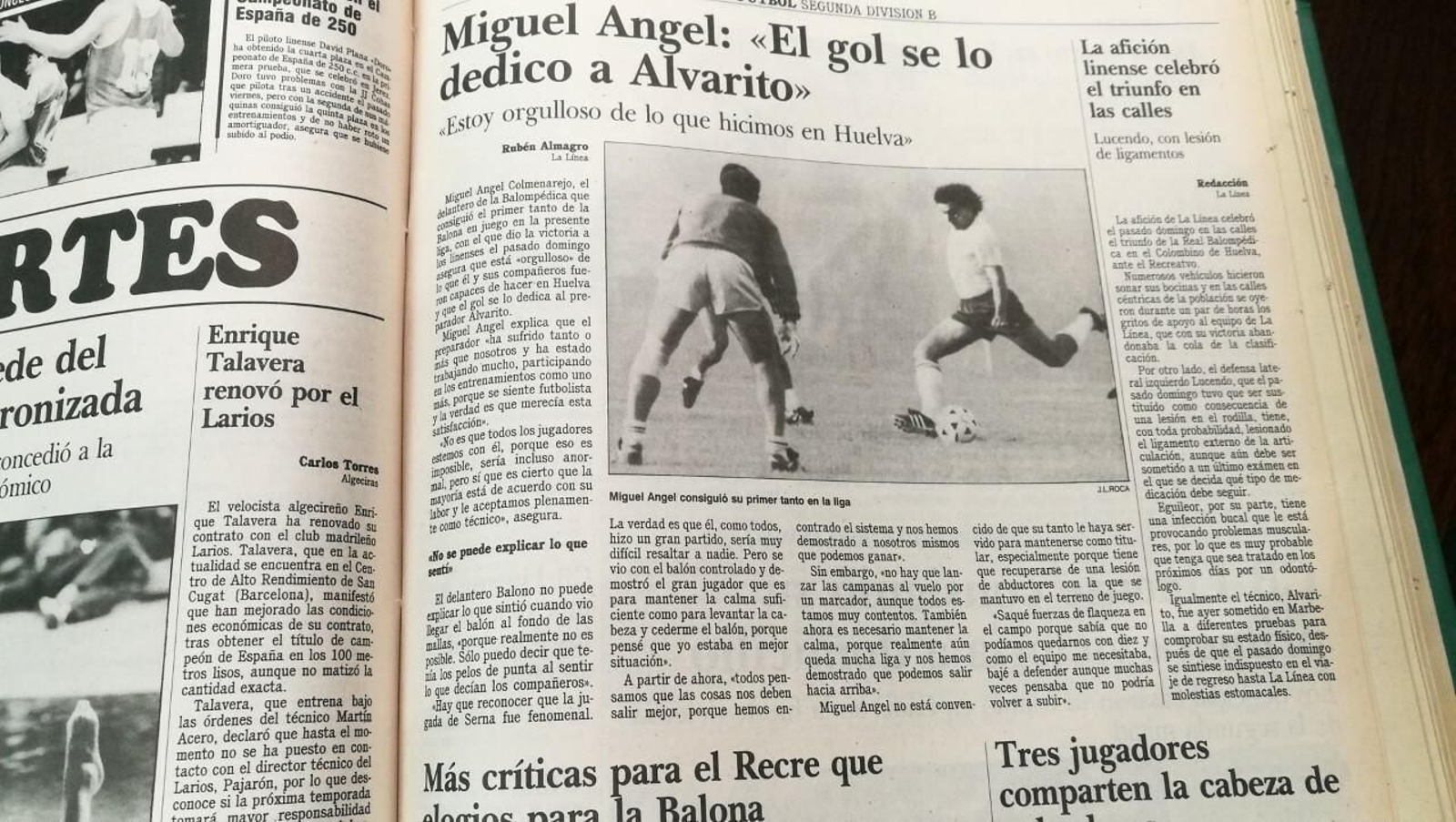 Edición de Europa Sur con palabras del goleador del último triunfo en Huelva, en 1990