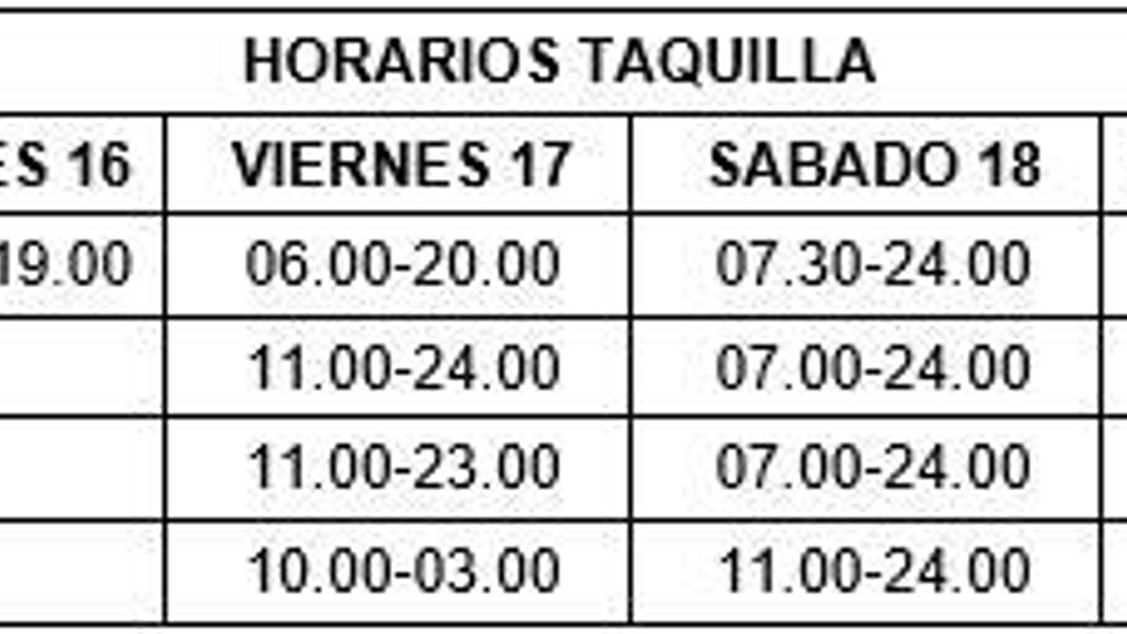 Horarios de taquilla.