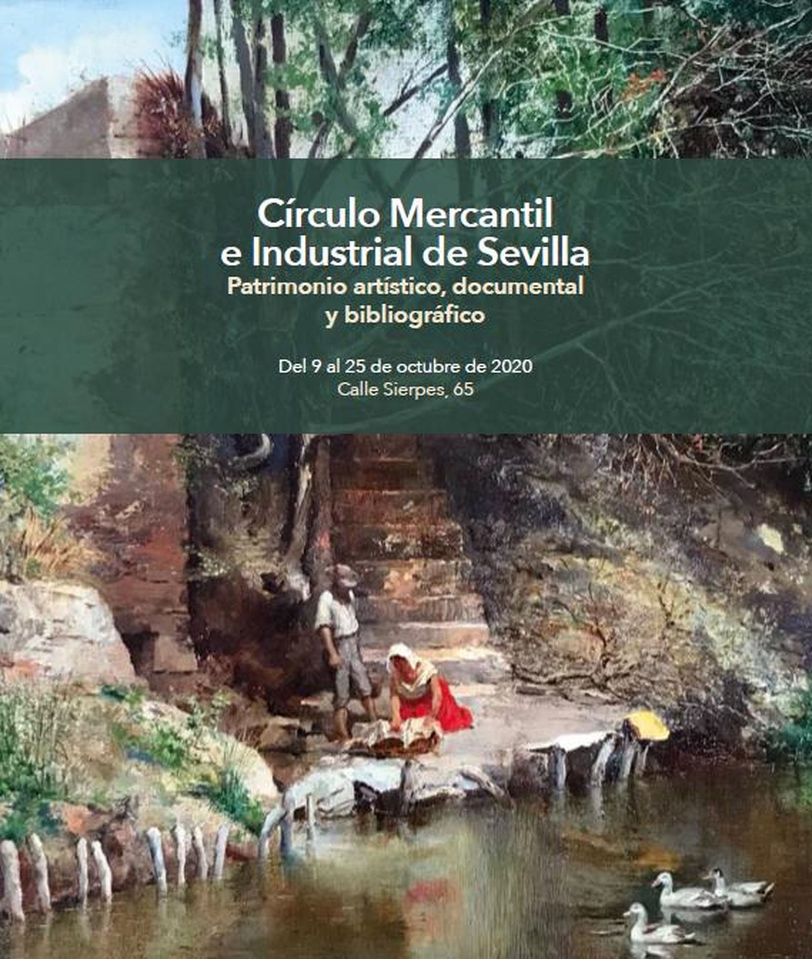 Cartel de la exposición que recoge la pintura más antigua recogida en la muestra,  'Lavandera en el río', de Wssel.