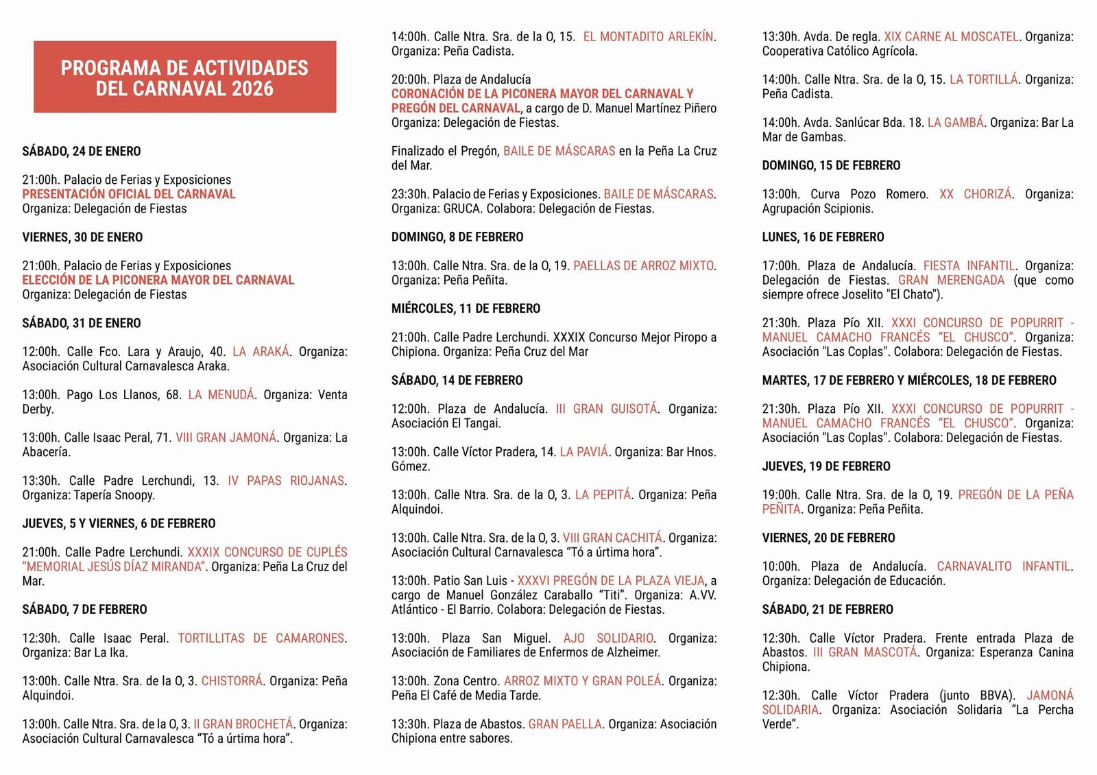 Programación del Carnavald de Chipiona, 2026.