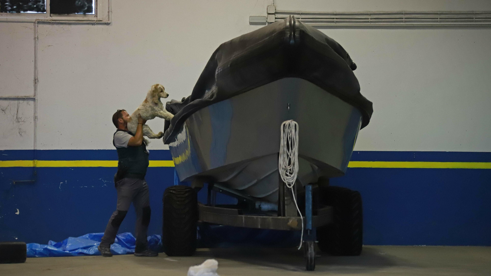 Un guía canino de la Guardia Civil registra una nave en el polígono de Palmones.