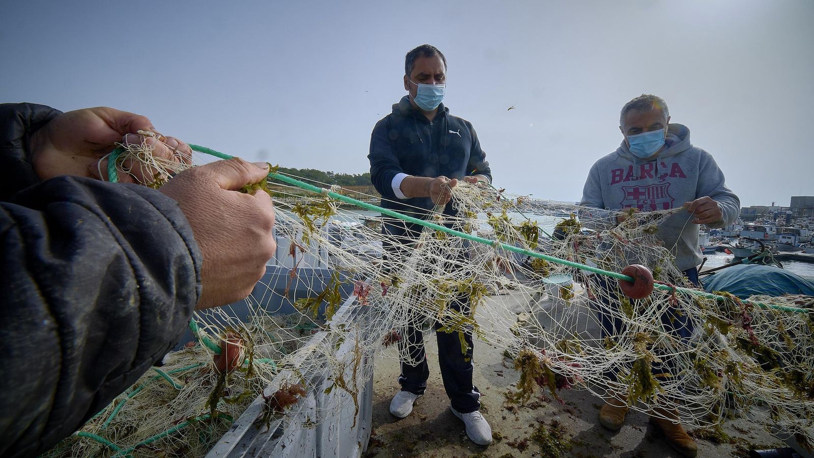 Pescadores quitando algas de sus redes, en el puerto de Conil.