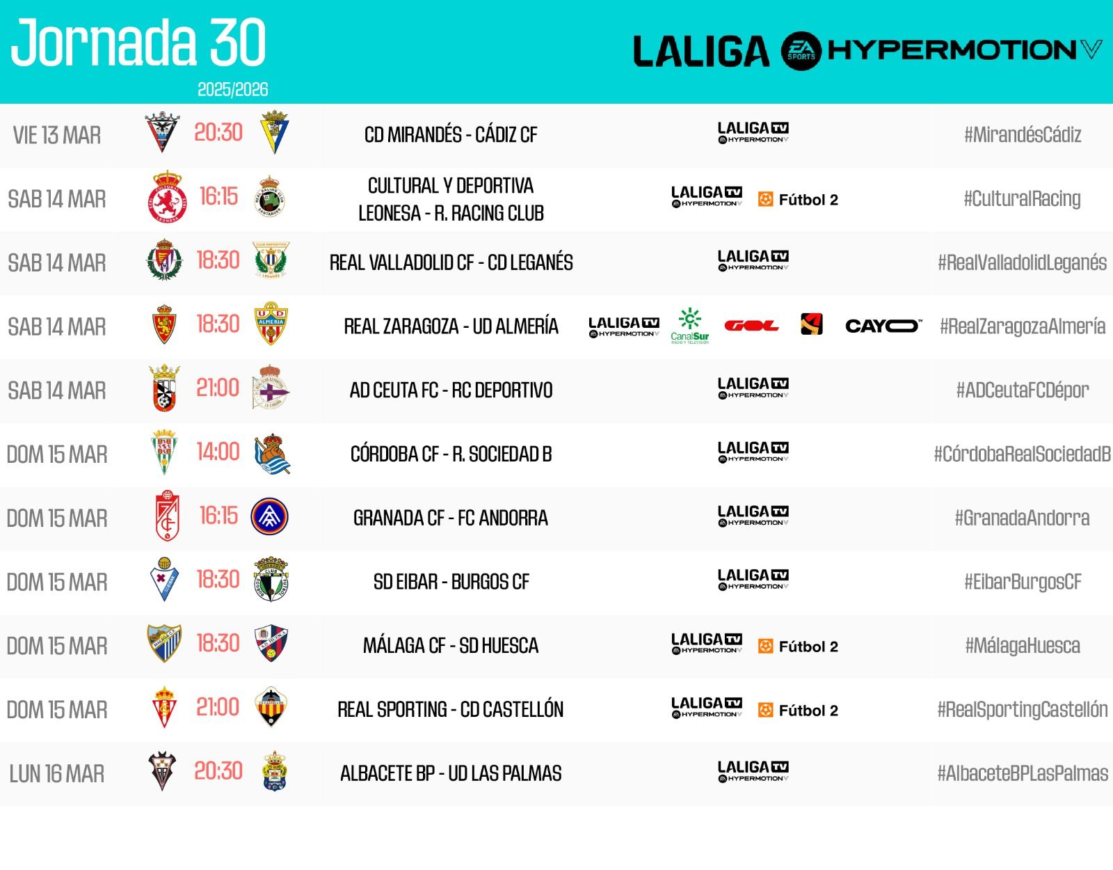 Horarios de la jornada 30