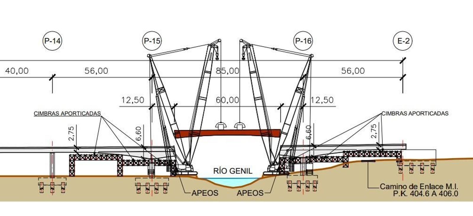 Alzado de la viga sobre el río Genil con el uso de dos grúas