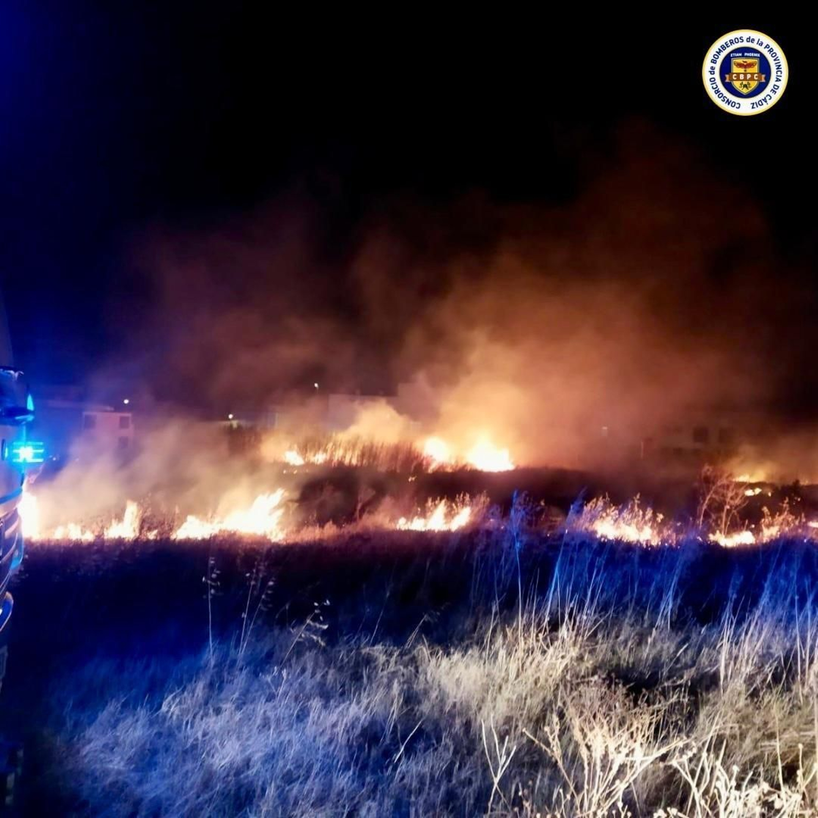Incendio de pastos en Chiclana este sábado, que afectó al suministro eléctrico de unas viviendas.