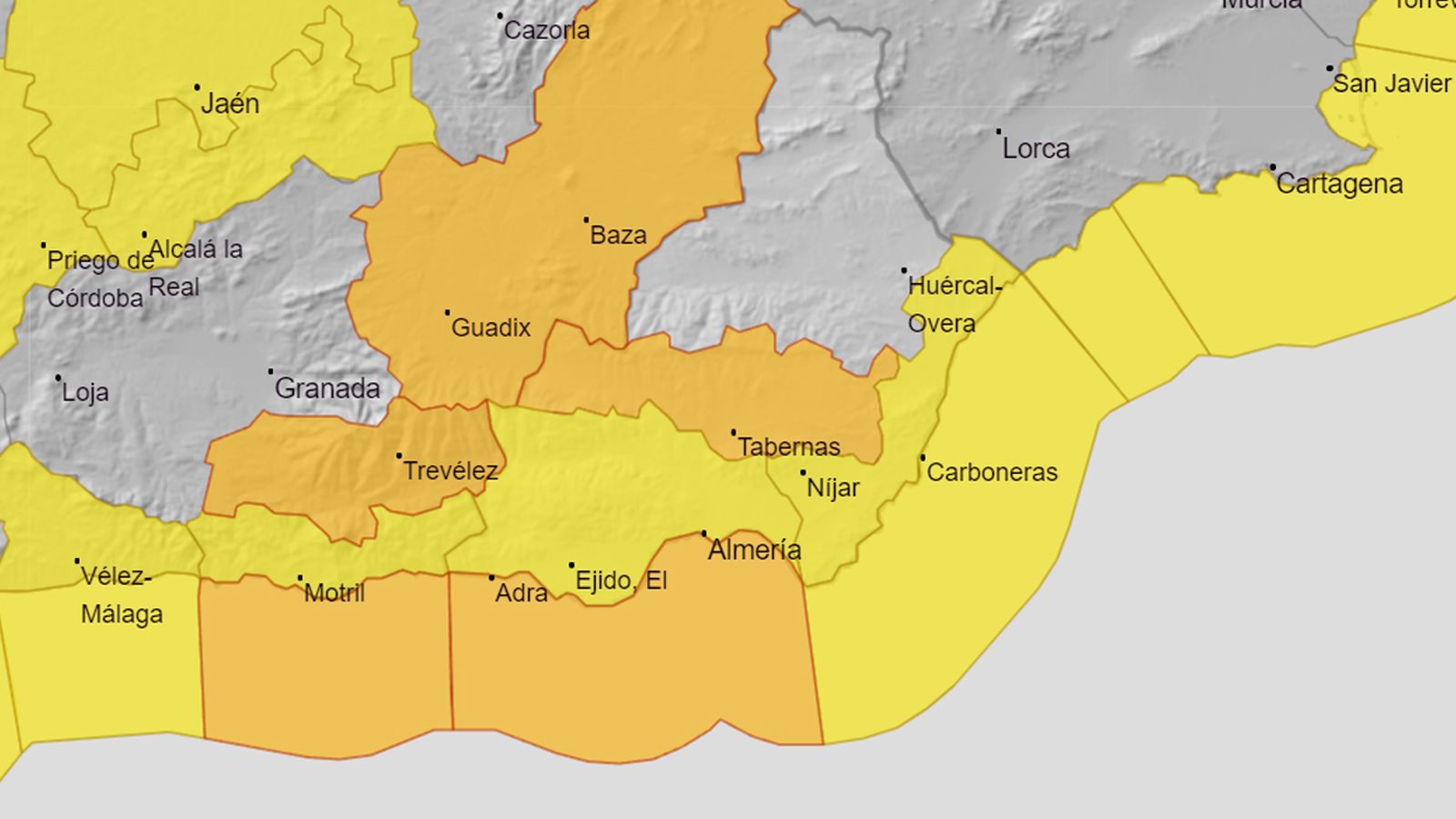 Mapa de los avisos por viento en Almería.