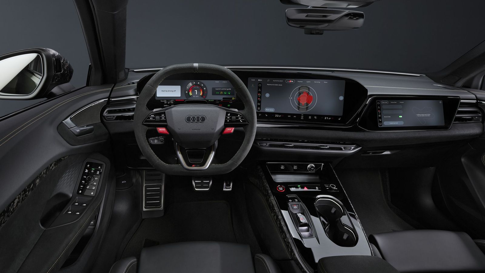 El salpicadero, los reposabrazos y los revestimientos de las puertas están fabricados en microfibra Dinamica en color negro.