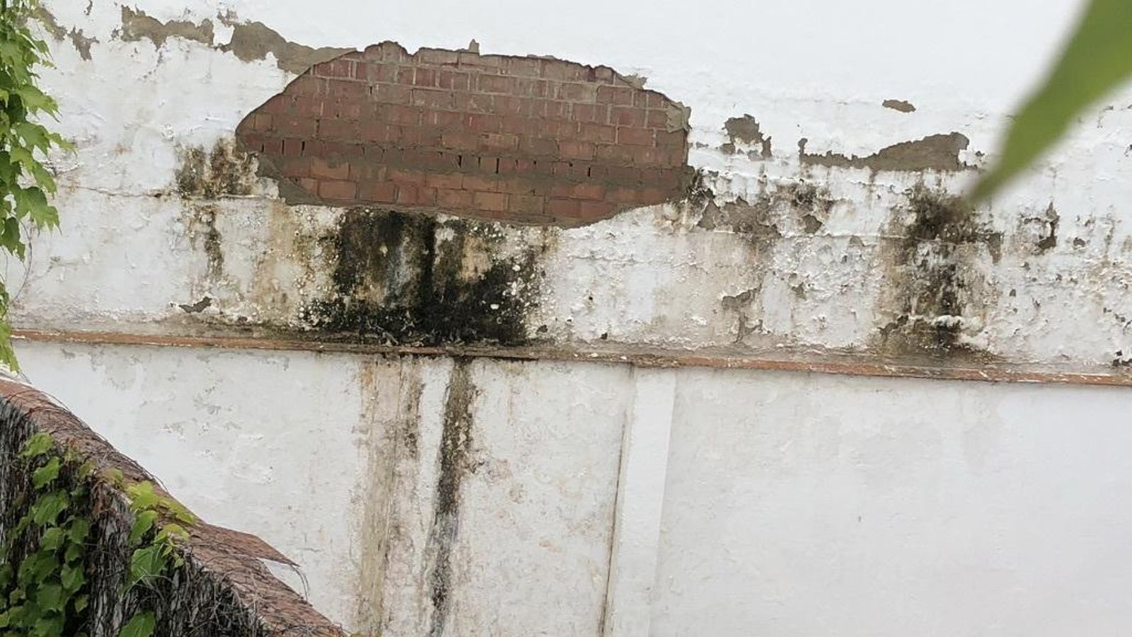 Primer plano de la filtración en el patio del bloque de Crédito 1.